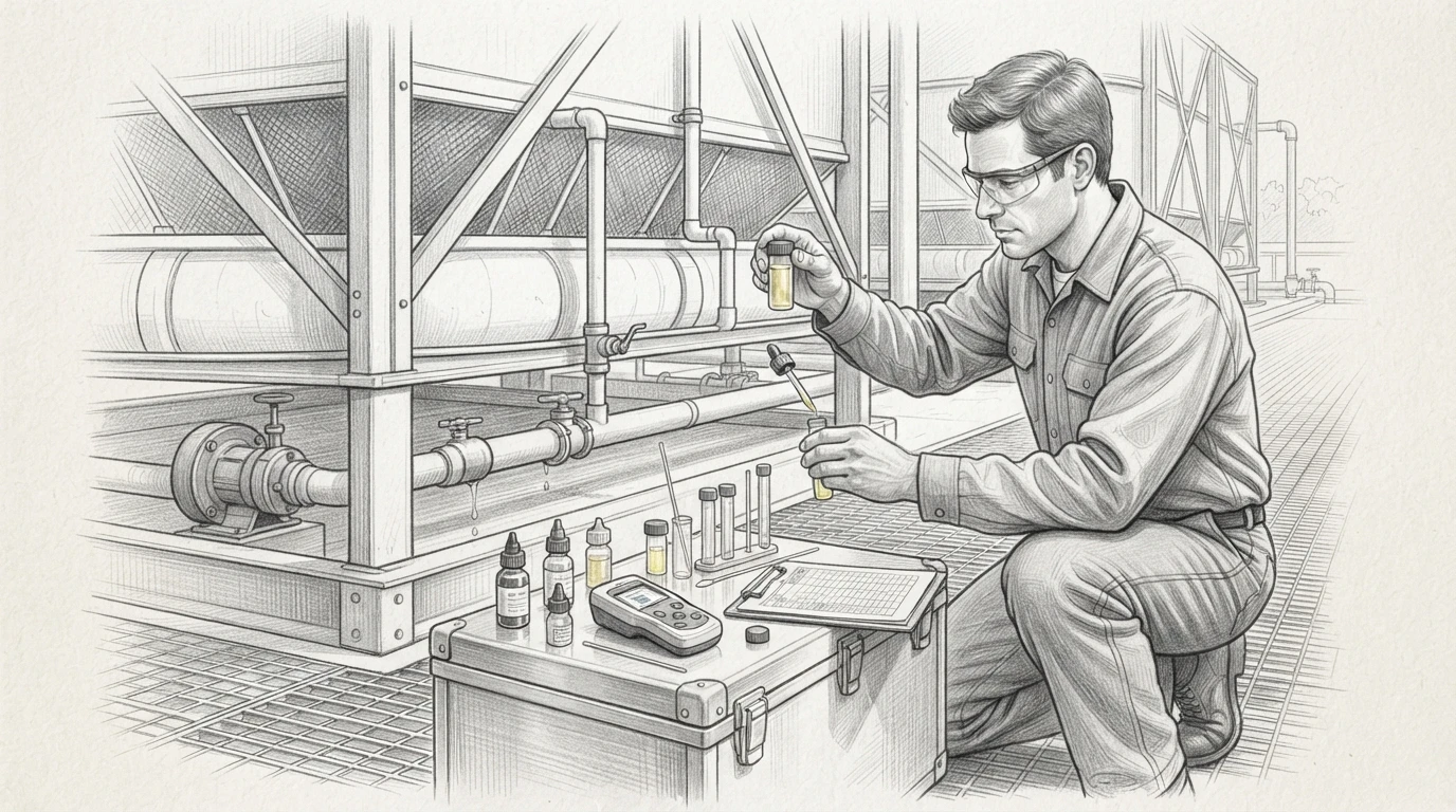 Technician sampling cooling tower water for testing
