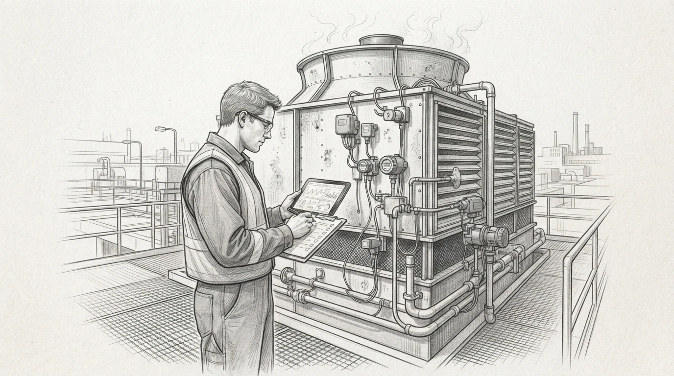 Engineer reviewing checklist beside cooling tower