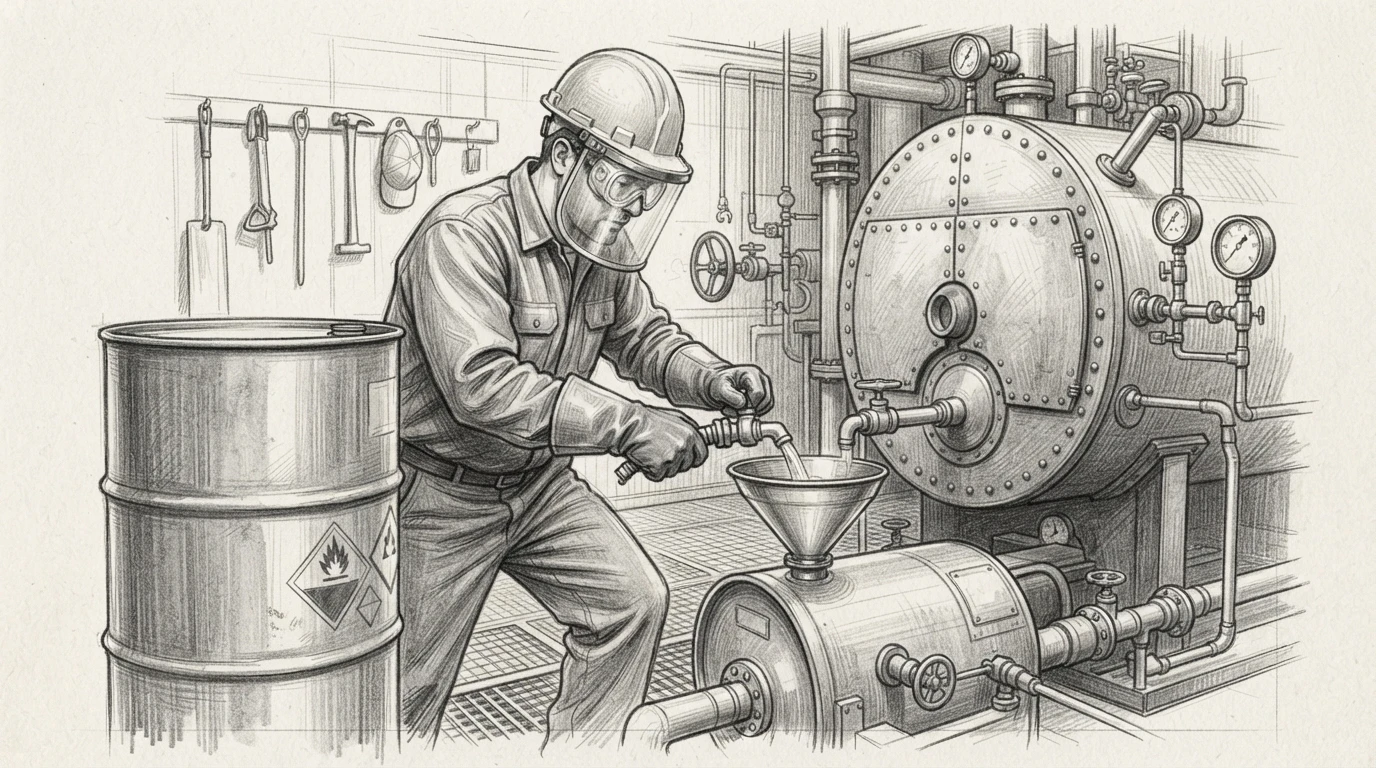 Operator in goggles pouring liquid chemical beside boiler