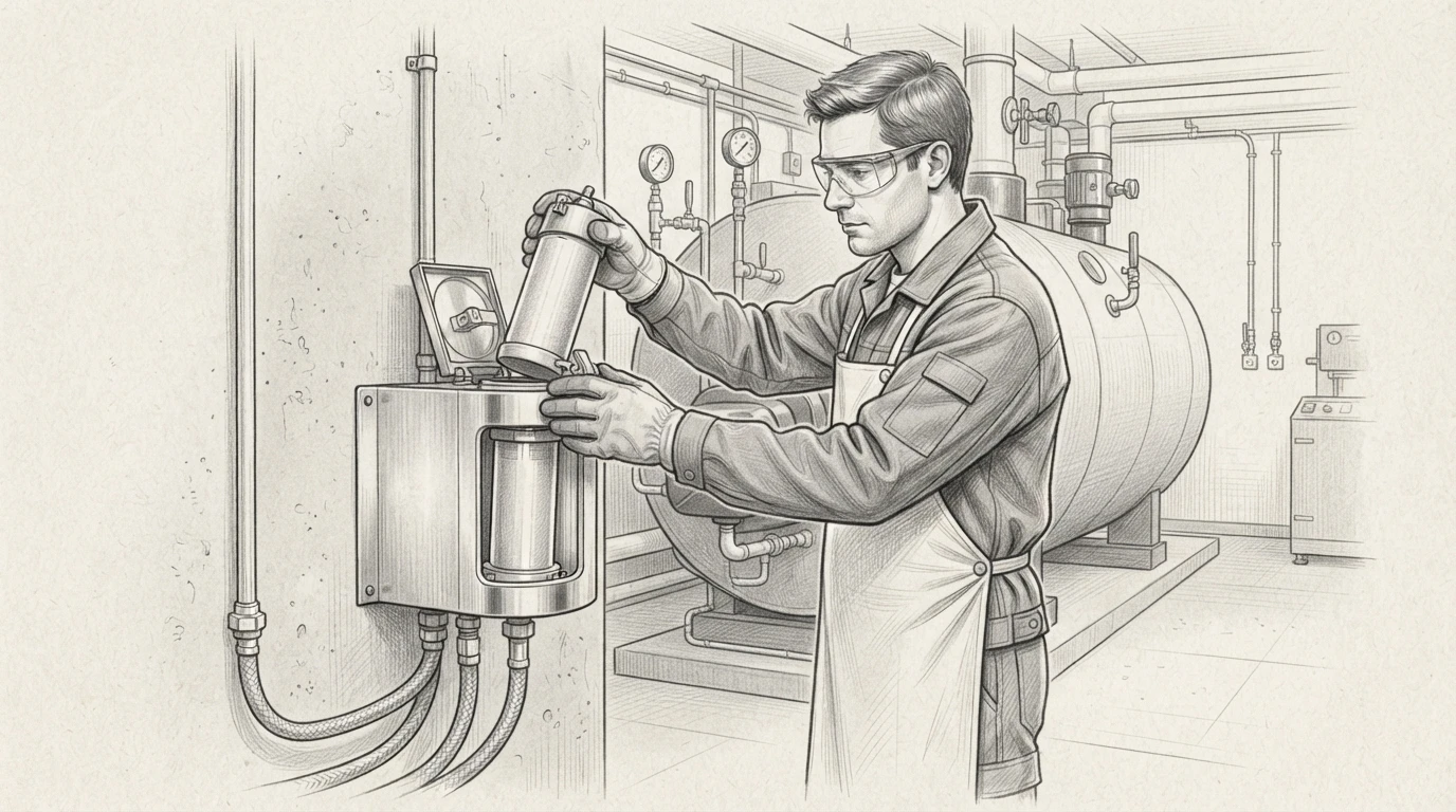 Technician inserting solid chemistry cartridge into wall-mounted boiler station