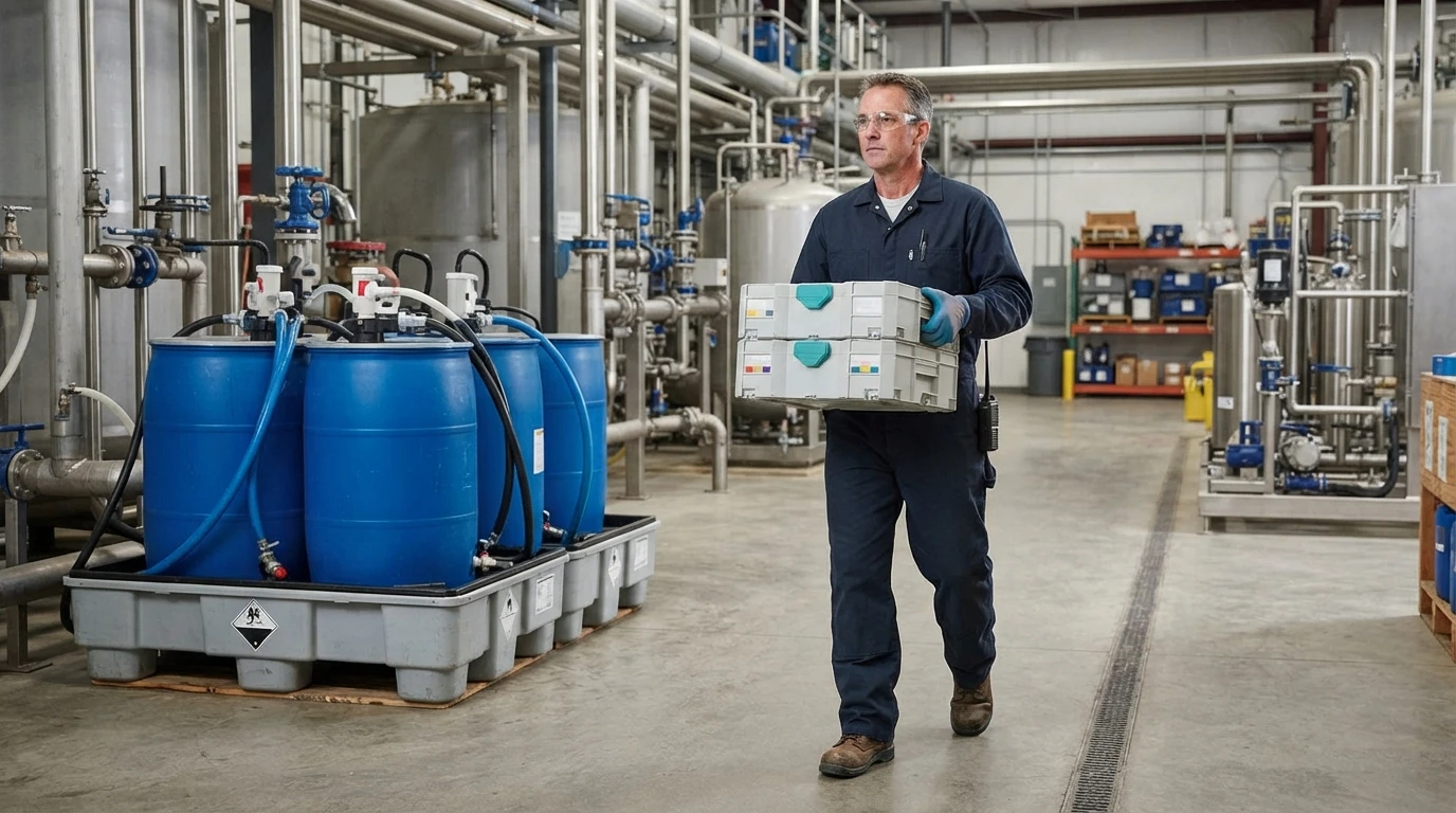 Operator transporting a stackable case near idle chemical drums