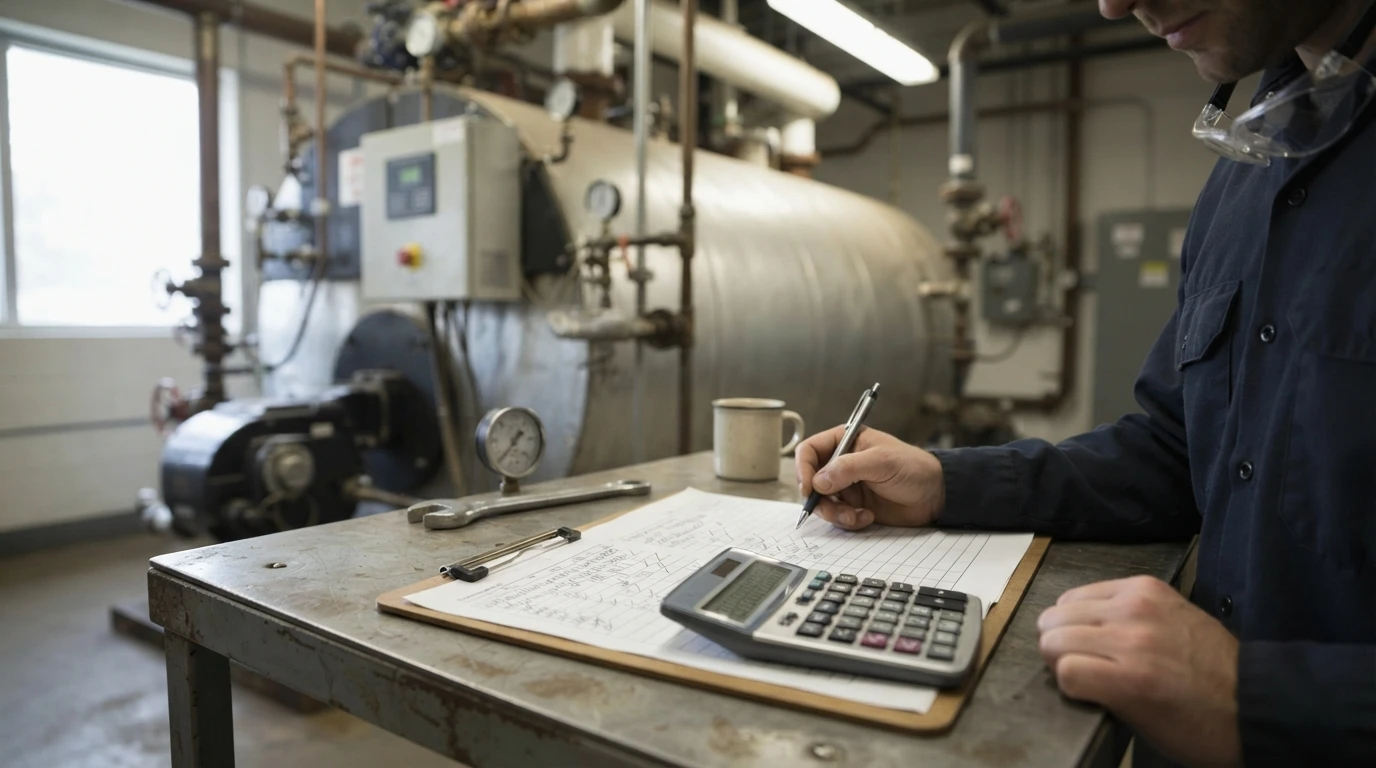 Clipboard and calculator beside a plant payroll ledger