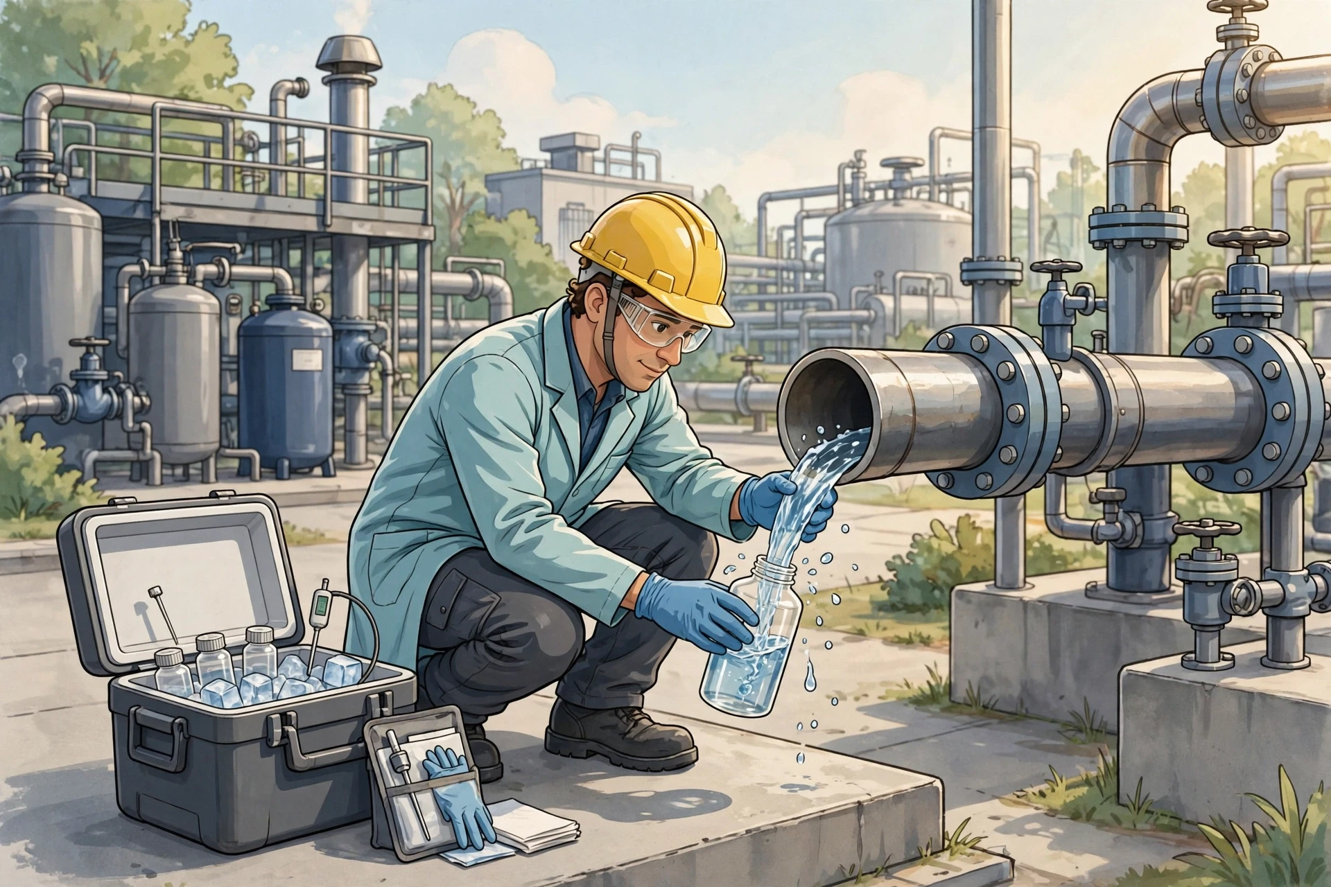 Technician samples water from industrial plant intake pipe