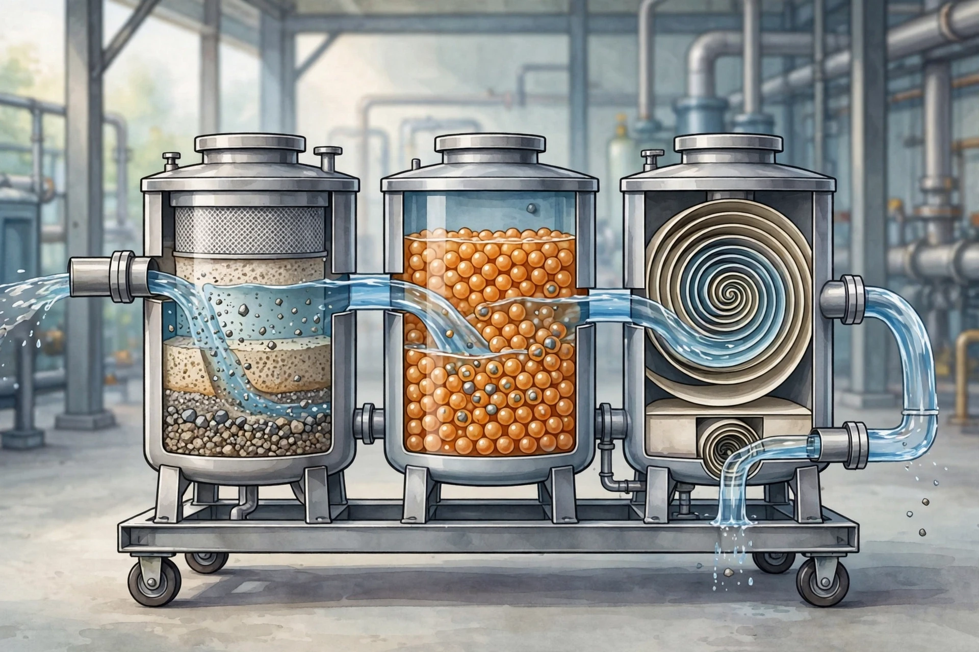 Cutaway filtration, softening, and reverse osmosis skid