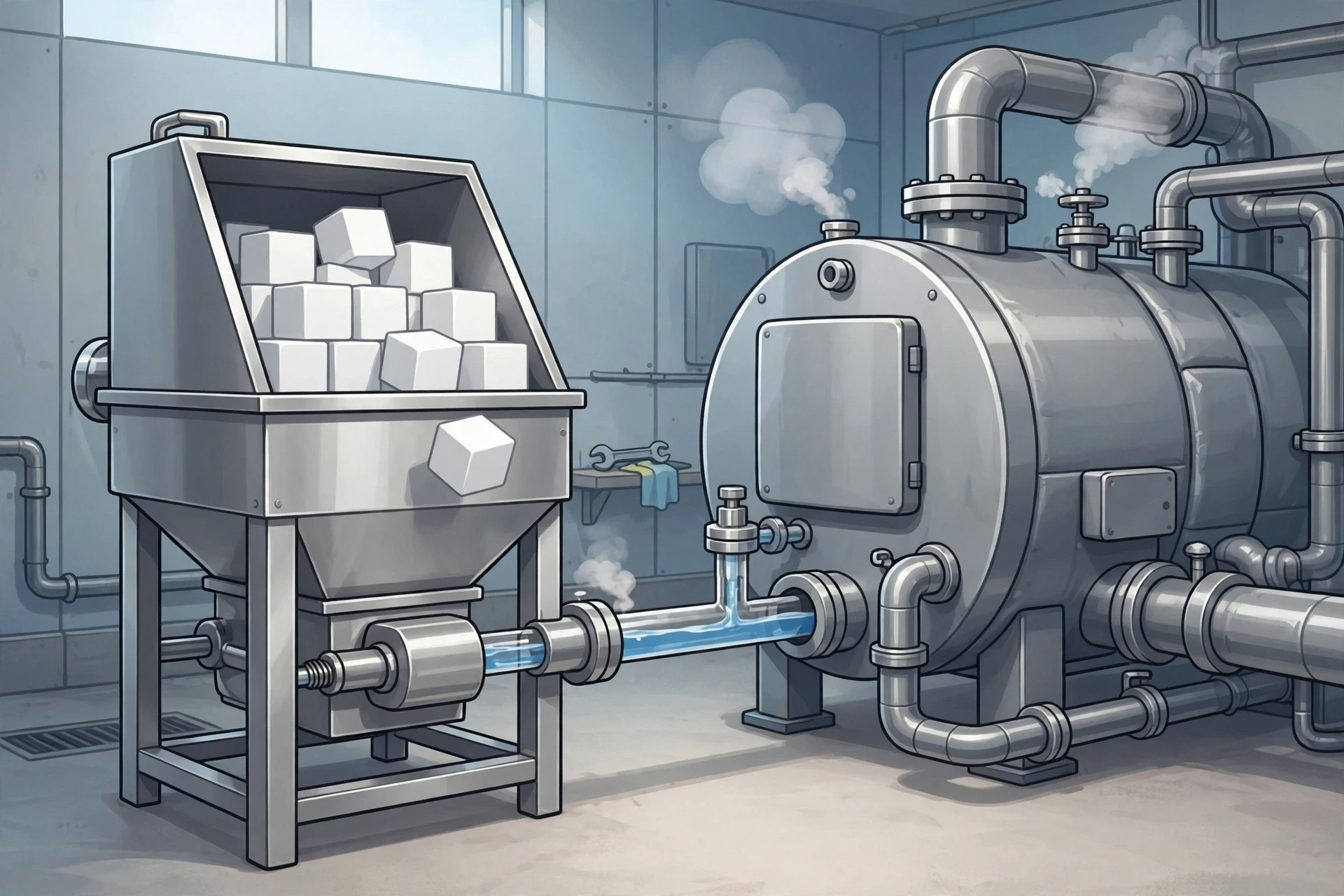Solid chemistry blocks beside a steam boiler feeder
