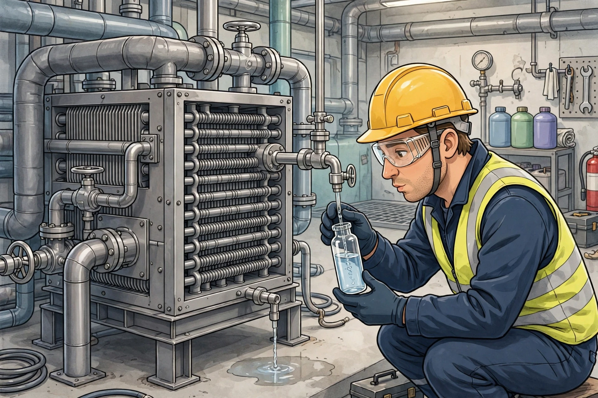 Technician drawing feedwater sample beside steel boiler economizer