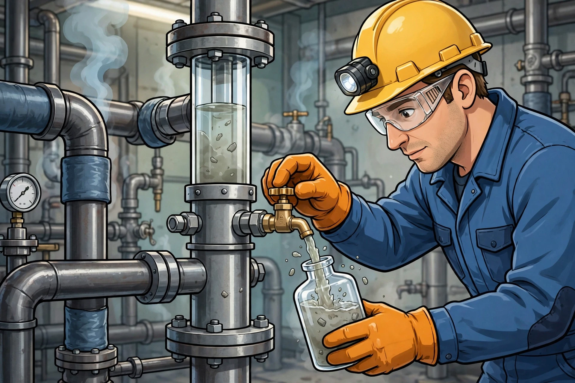 Technician samples cloudy boiler water from gauge column