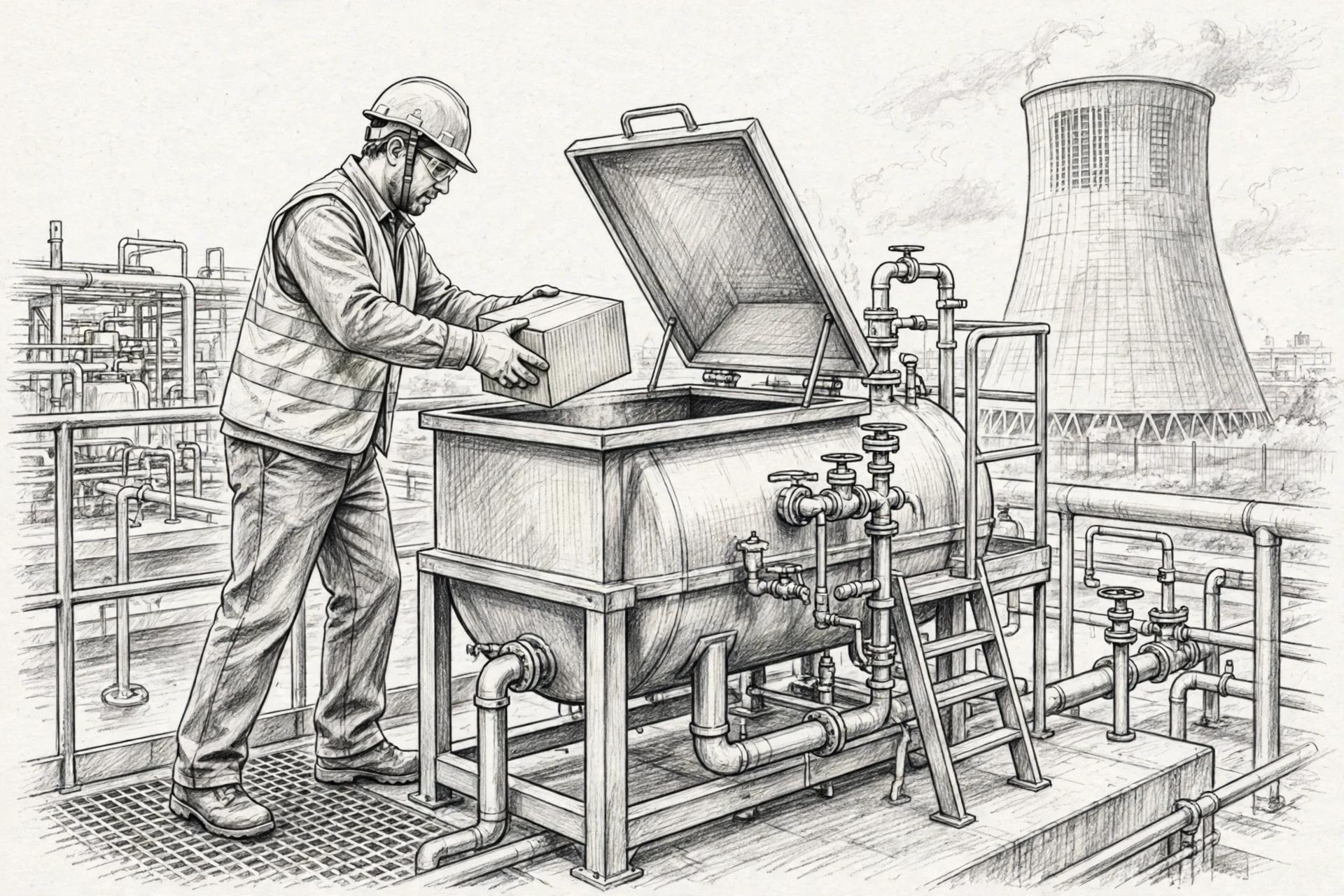 Worker loading solid chemistry cartons into a cooling tower feed tank
