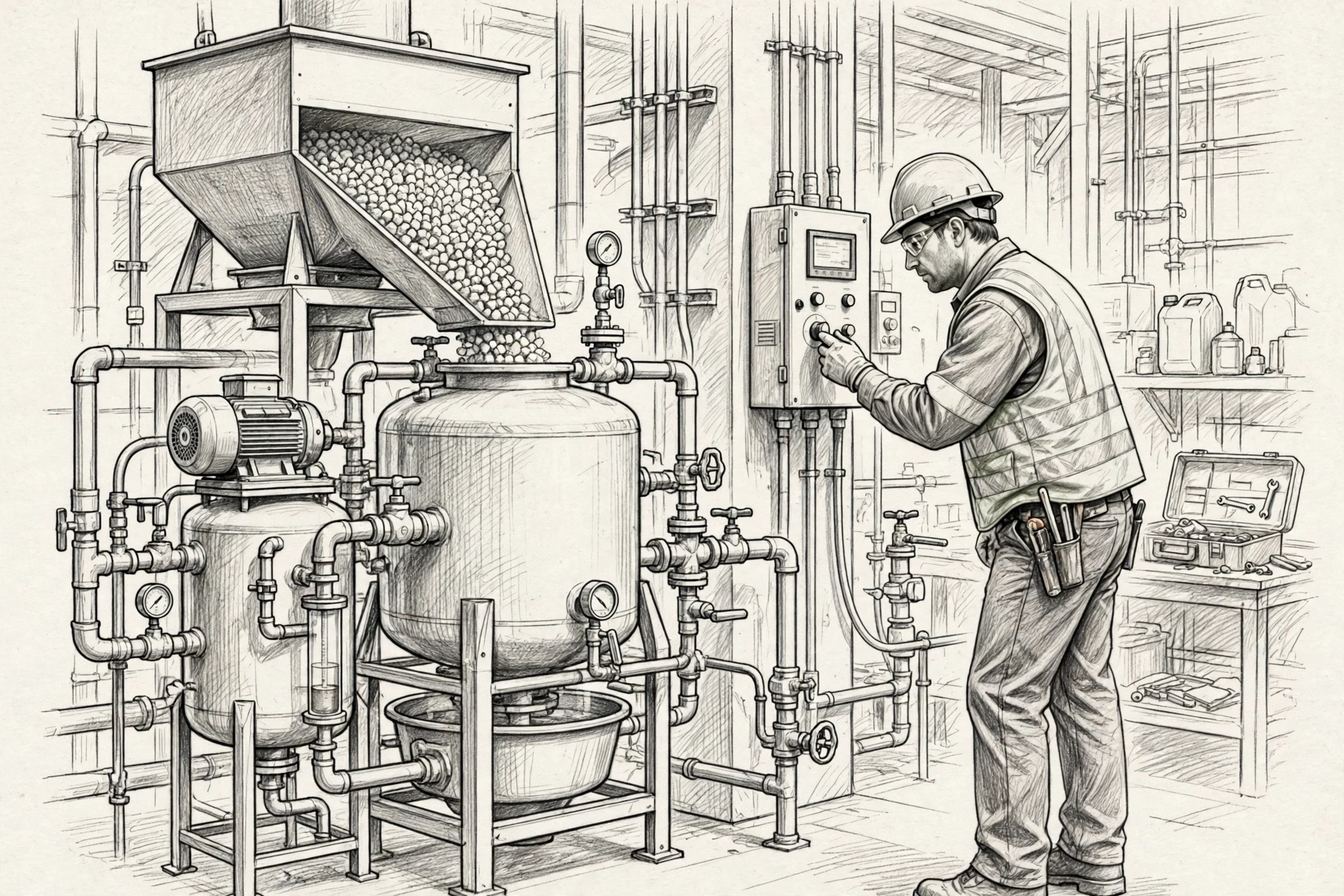 Technician checks controller beside solid dissolving feed station