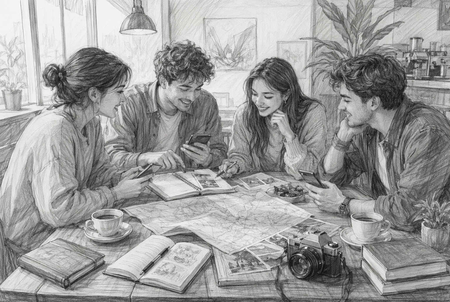 Friends planning trip with notebooks and shared lists