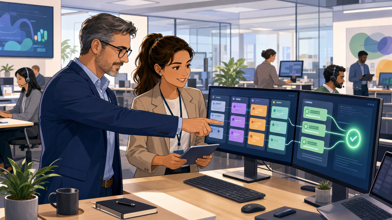 Operations manager reviewing AI-supported service tickets