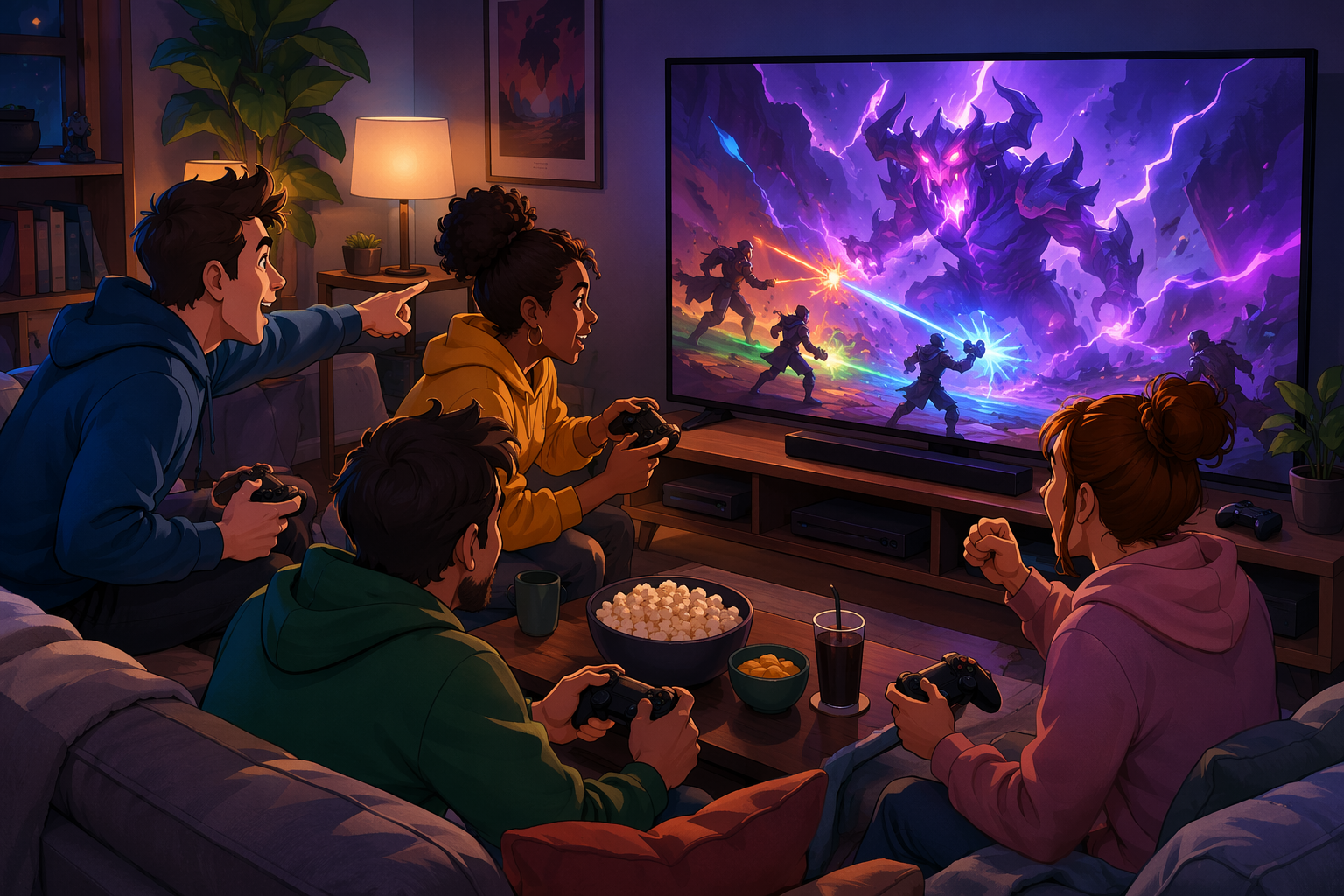 Friends coordinating on a couch during an intense co-op boss fight