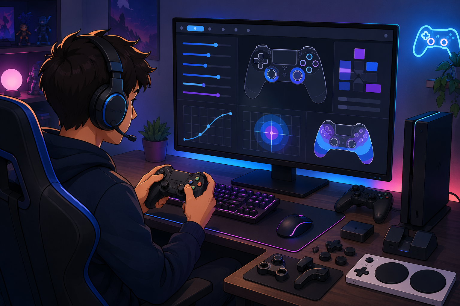 Player adjusting controller sensitivity at gaming desk