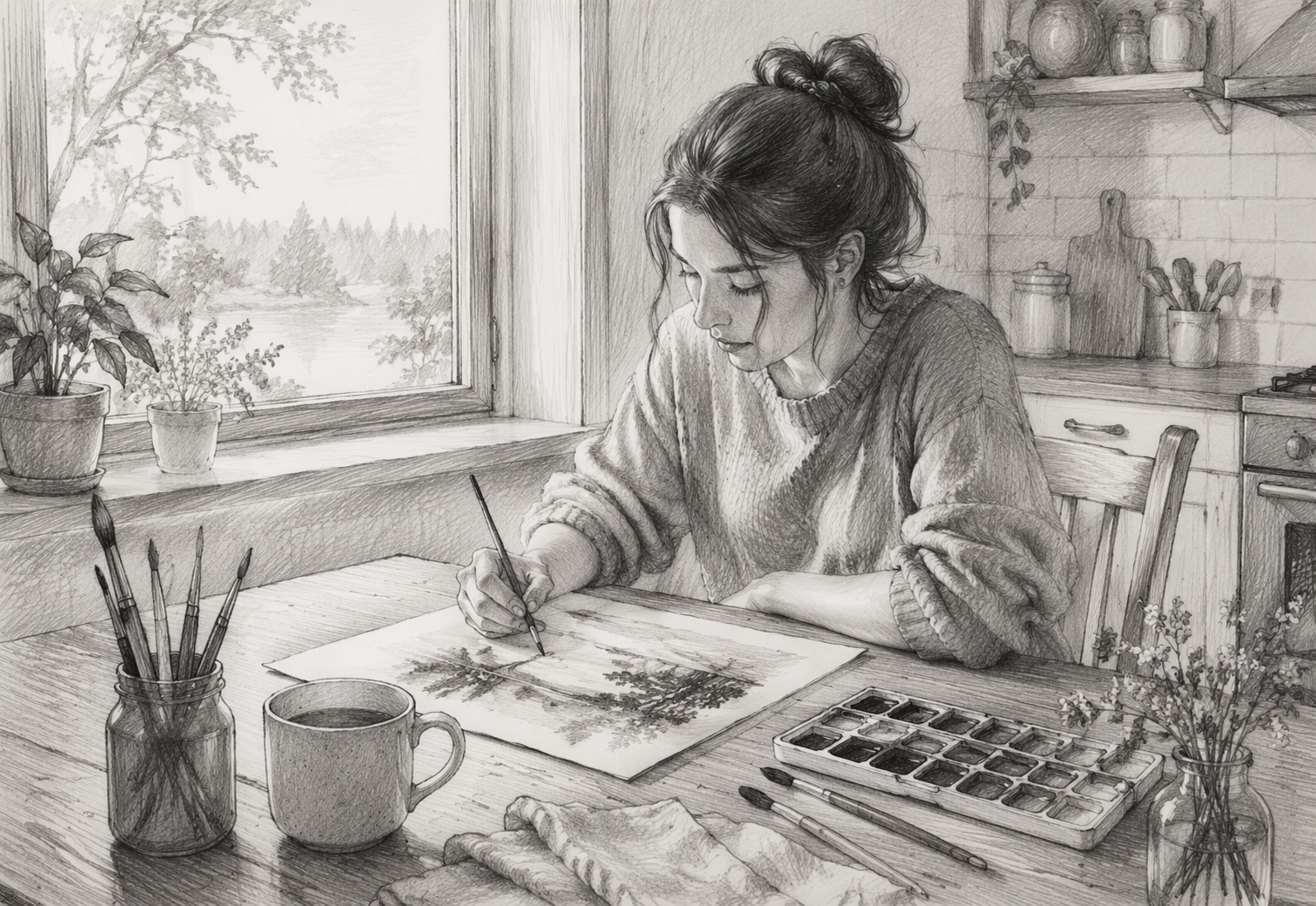 Person painting at kitchen table with tea and window view