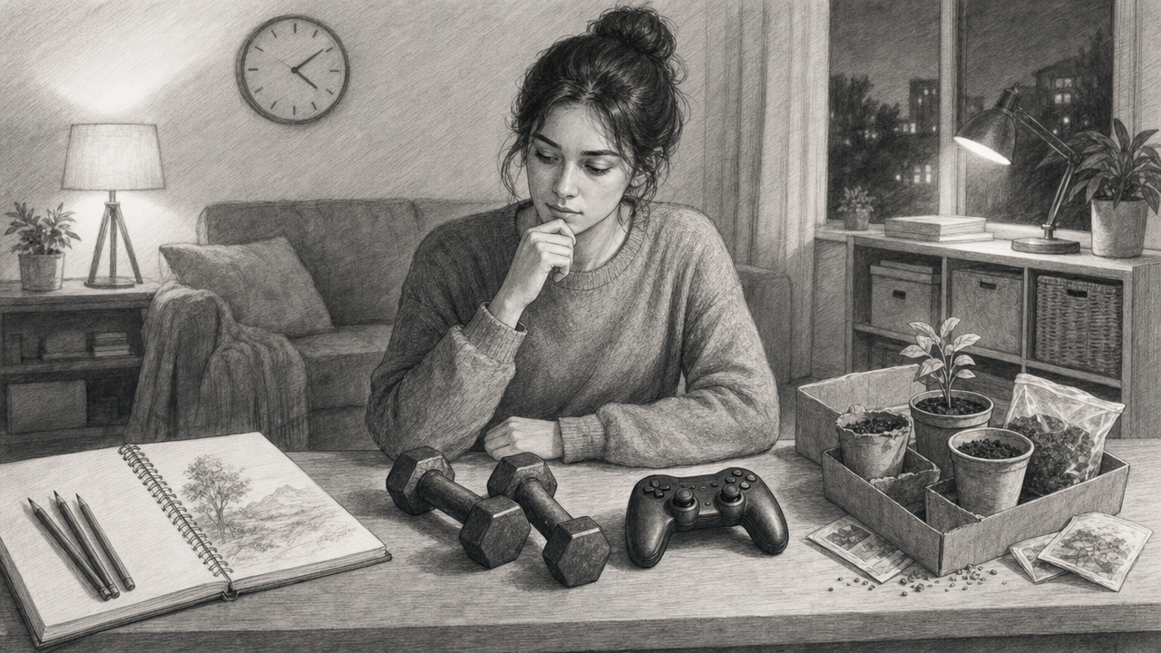 Person comparing sketchbook, dumbbells, game controller, and plant kit at home