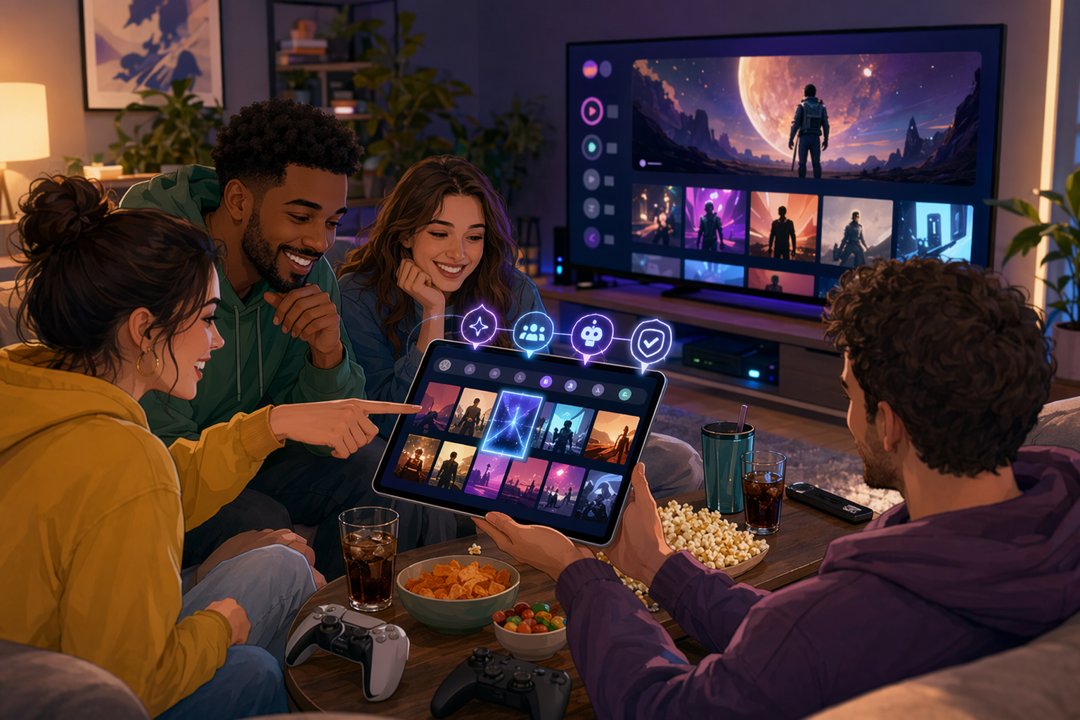 Friends browsing a tablet with streaming charts and snacks