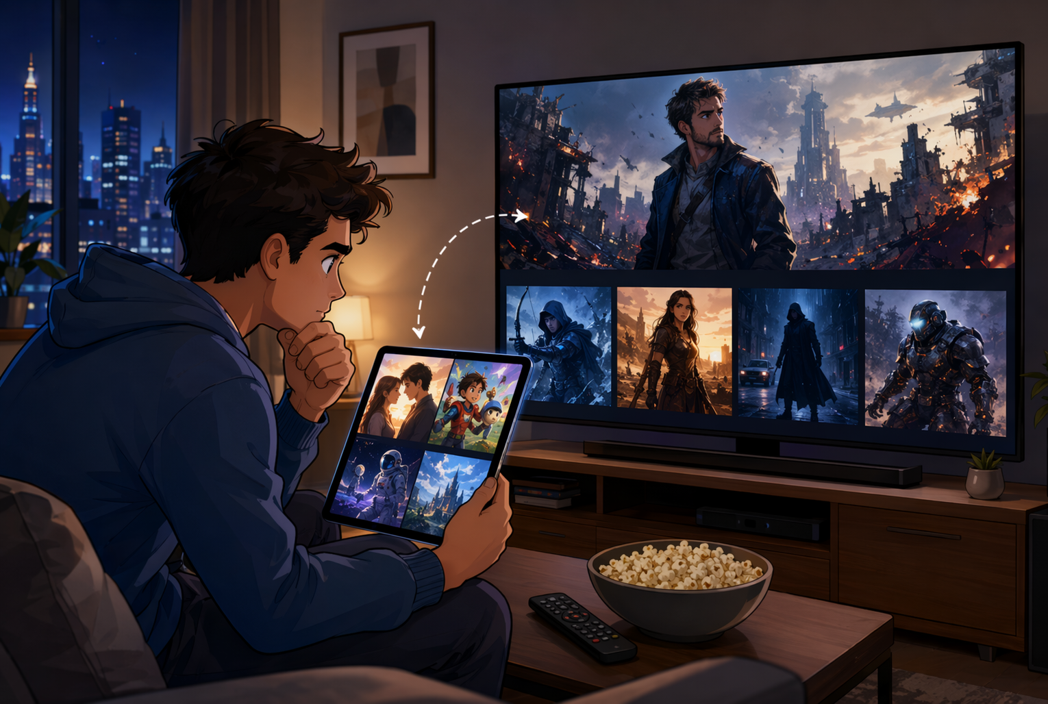 Viewer comparing AI movie suggestions on smart TV