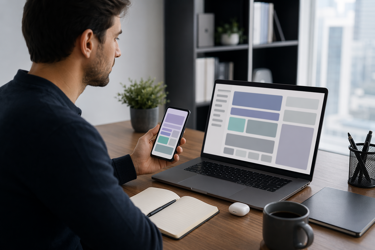 Person comparing task views on laptop and phone at tidy desk