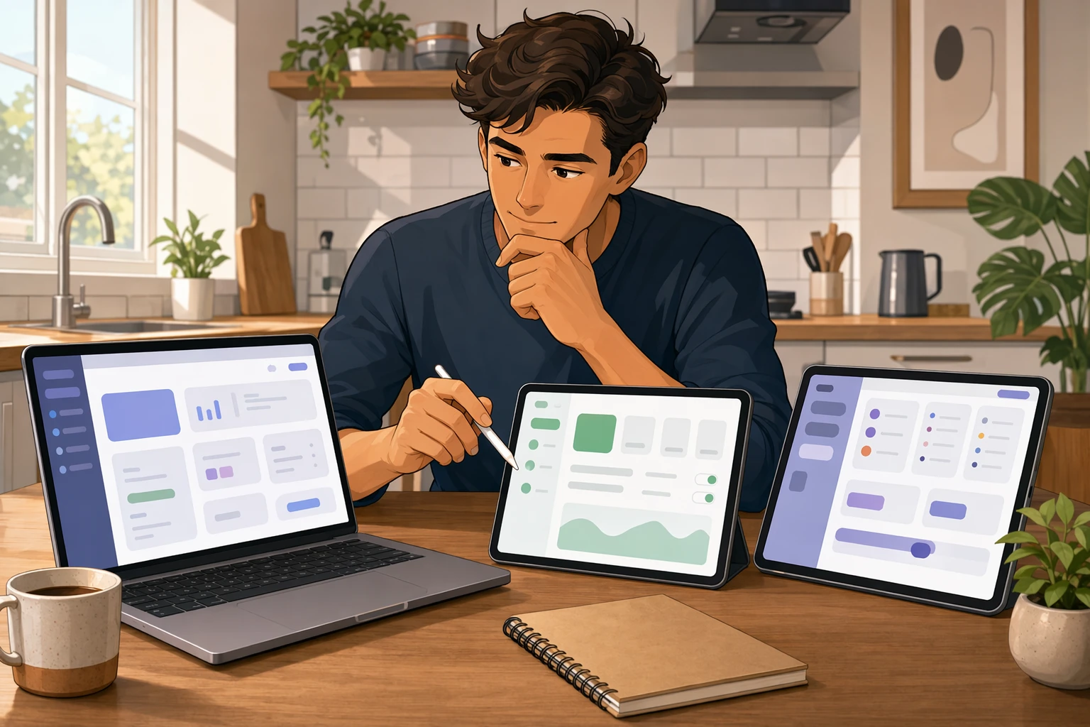 Founder comparing simple software dashboards on kitchen table