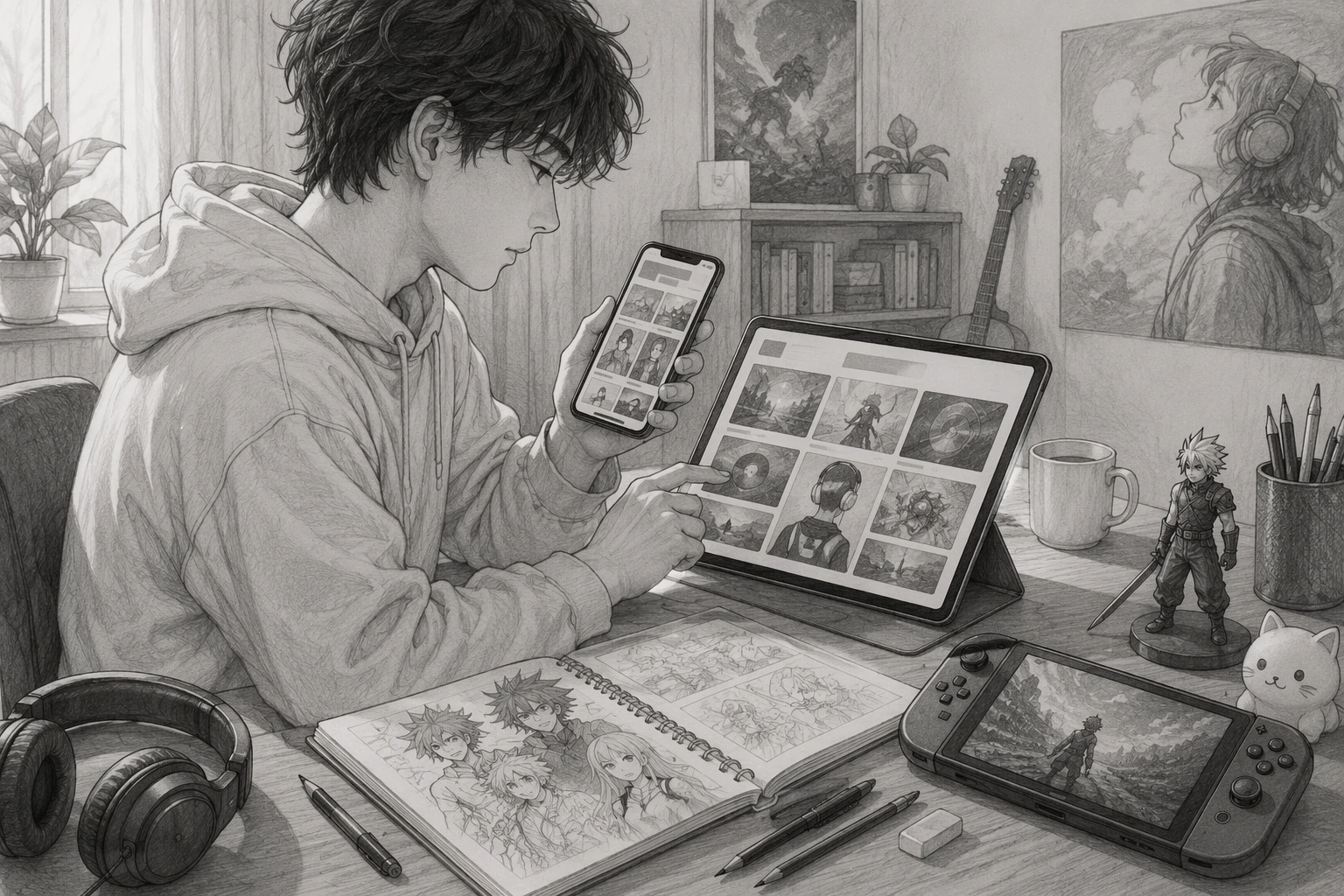Young adult comparing hobby app feeds beside sketchbook and gaming device