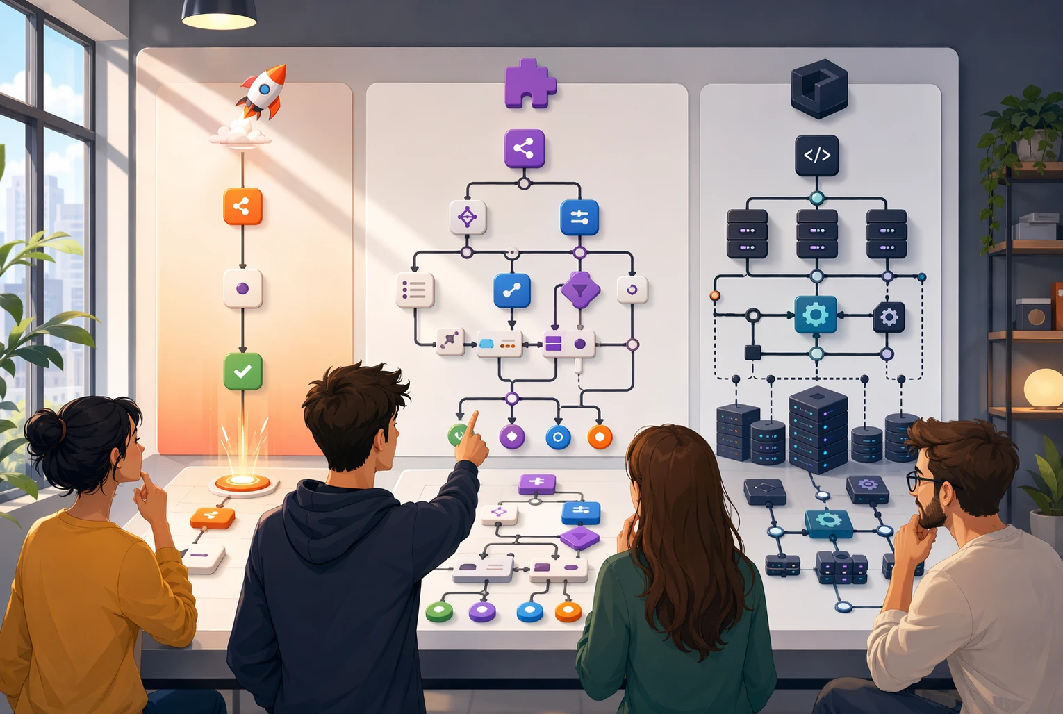 Comparison chart of automation platforms with startup team members analyzing workflows