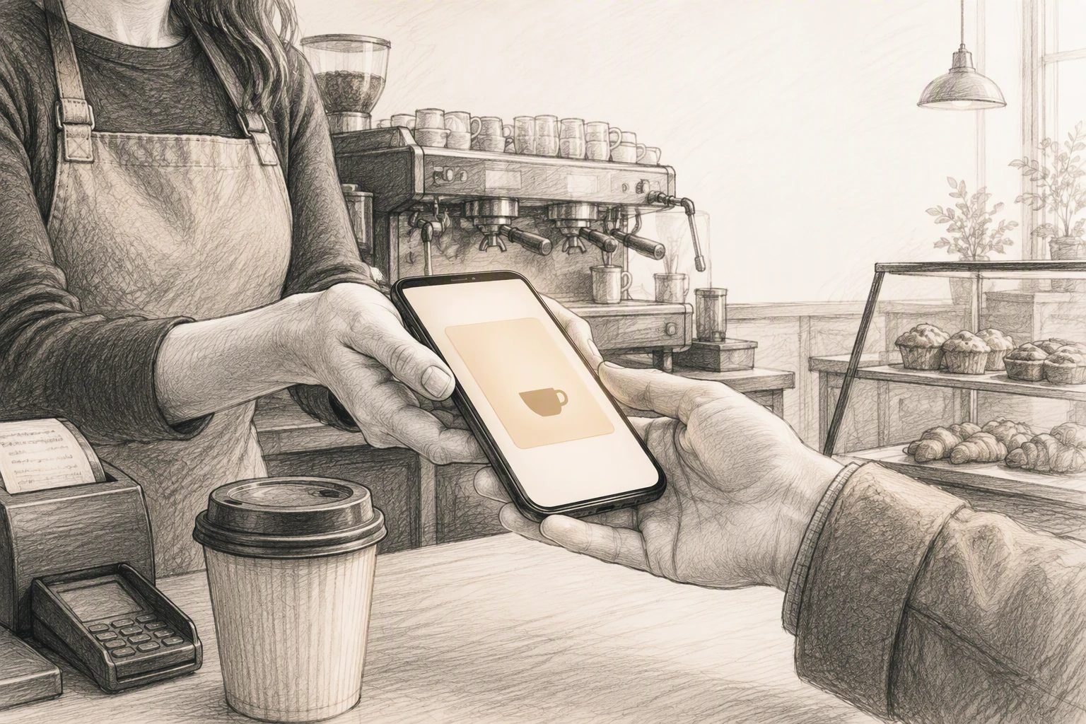Barista hands customer phone showing loyalty pass at checkout