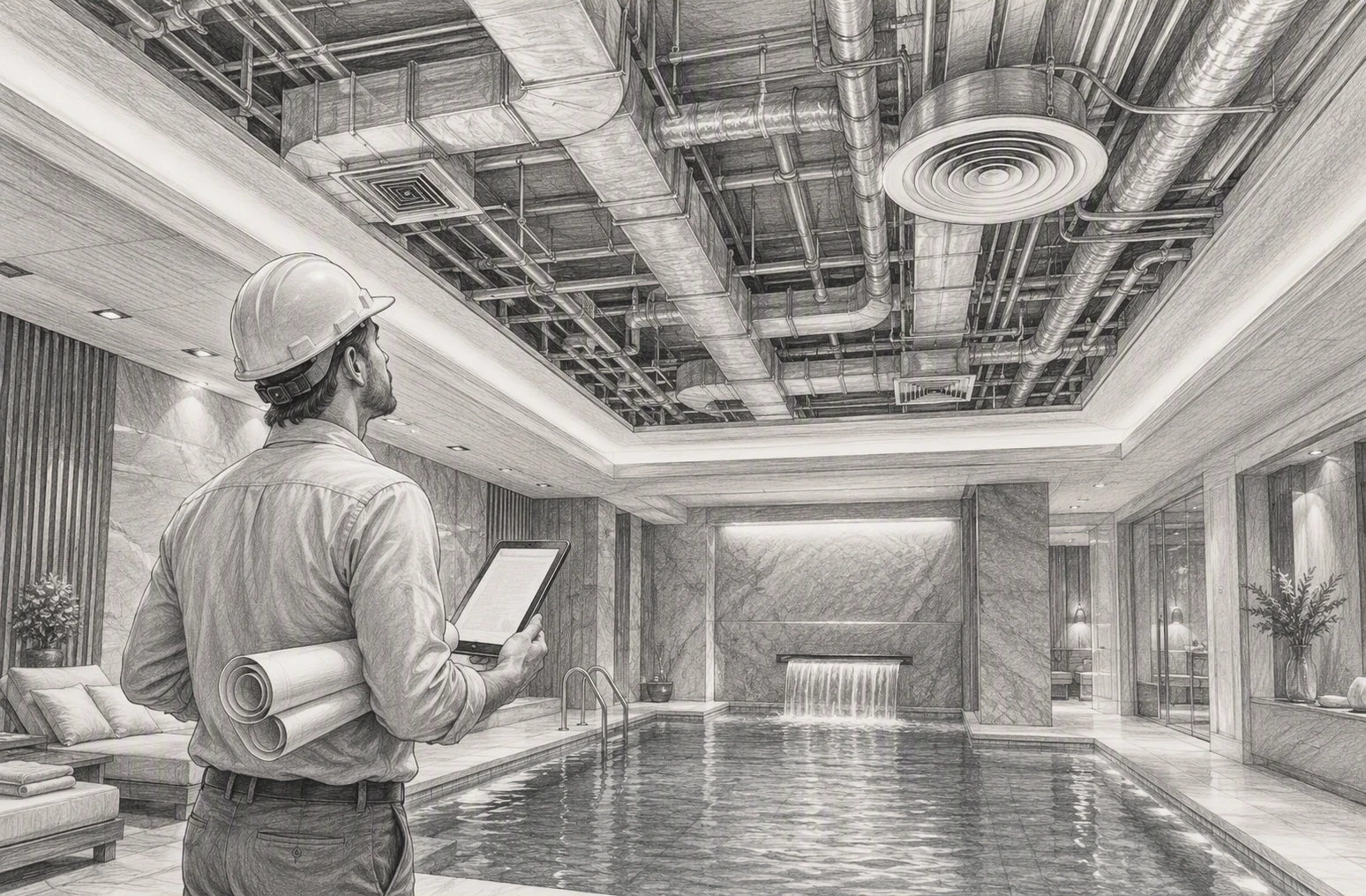 Engineer inspecting spa ventilation ducts