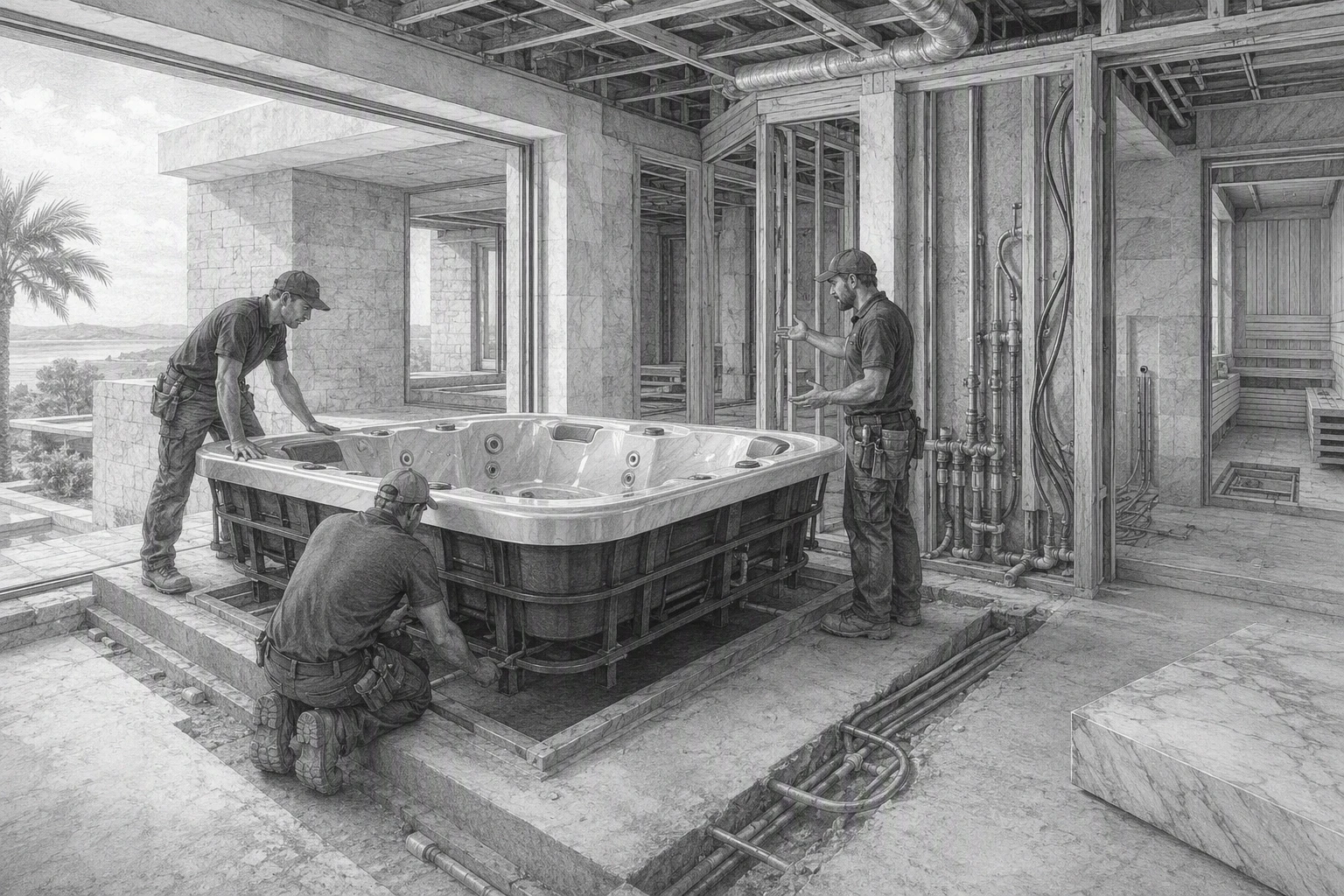 Spa installers coordinating shell placement in unfinished wellness room