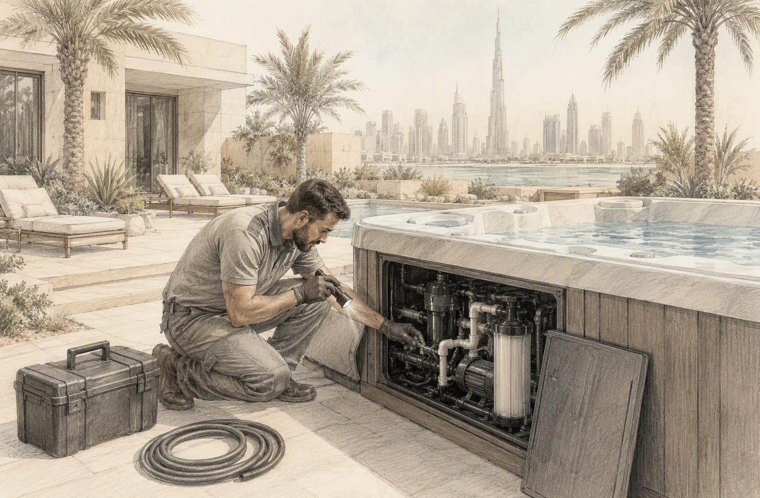 Technician inspecting spa pumps beside Dubai backyard installation