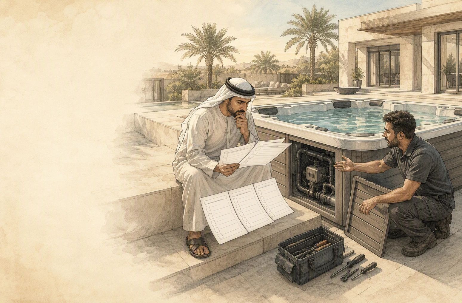 UAE homeowner examines warranty details beside luxury spa