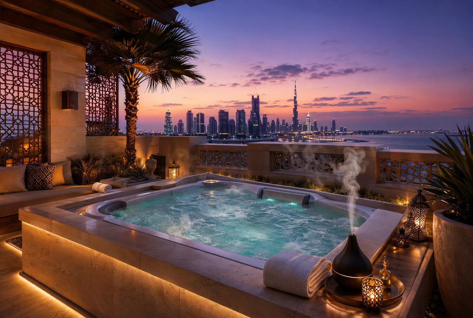 Luxury rooftop spa at dusk with diffused lighting and aromatic mist