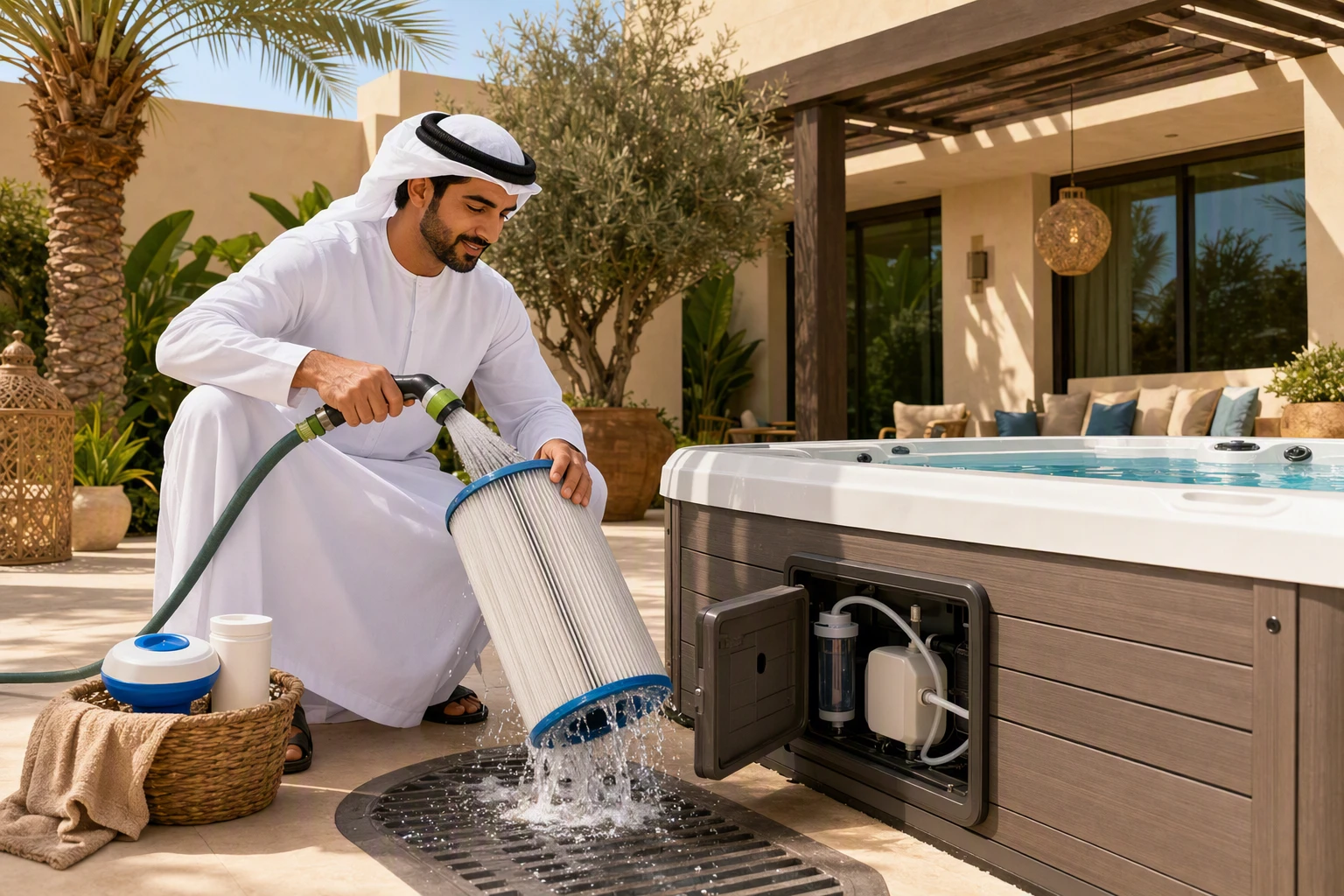 Homeowner rinsing hot tub filter under villa spa shade
