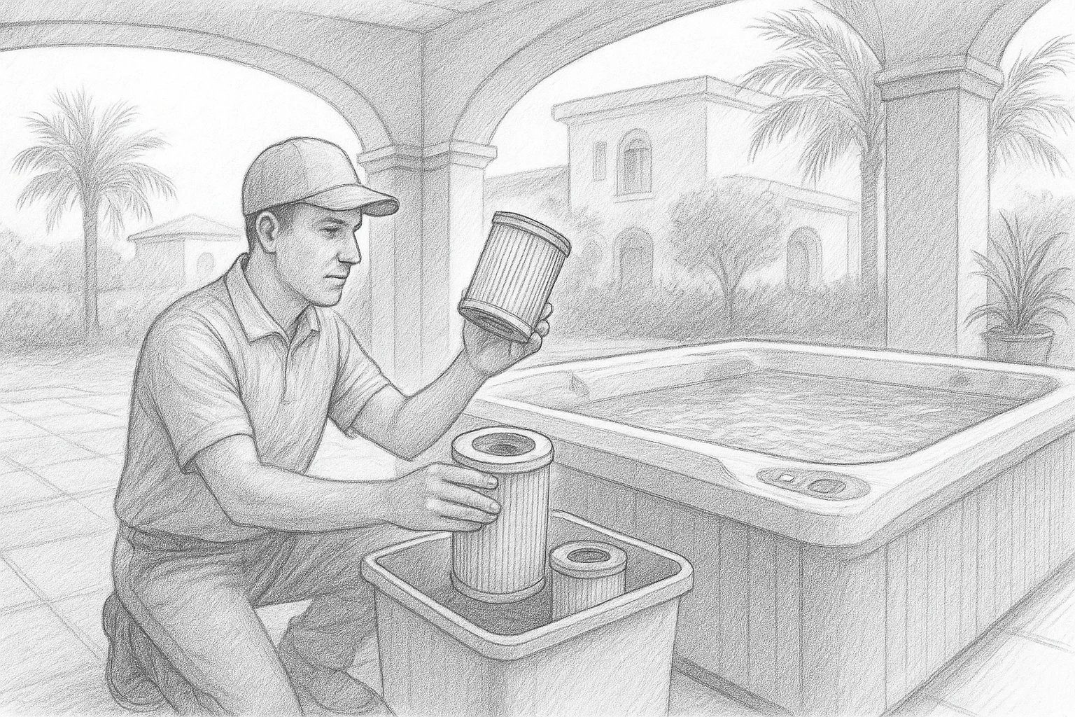 Technician inspecting hot tub filters on villa terrace