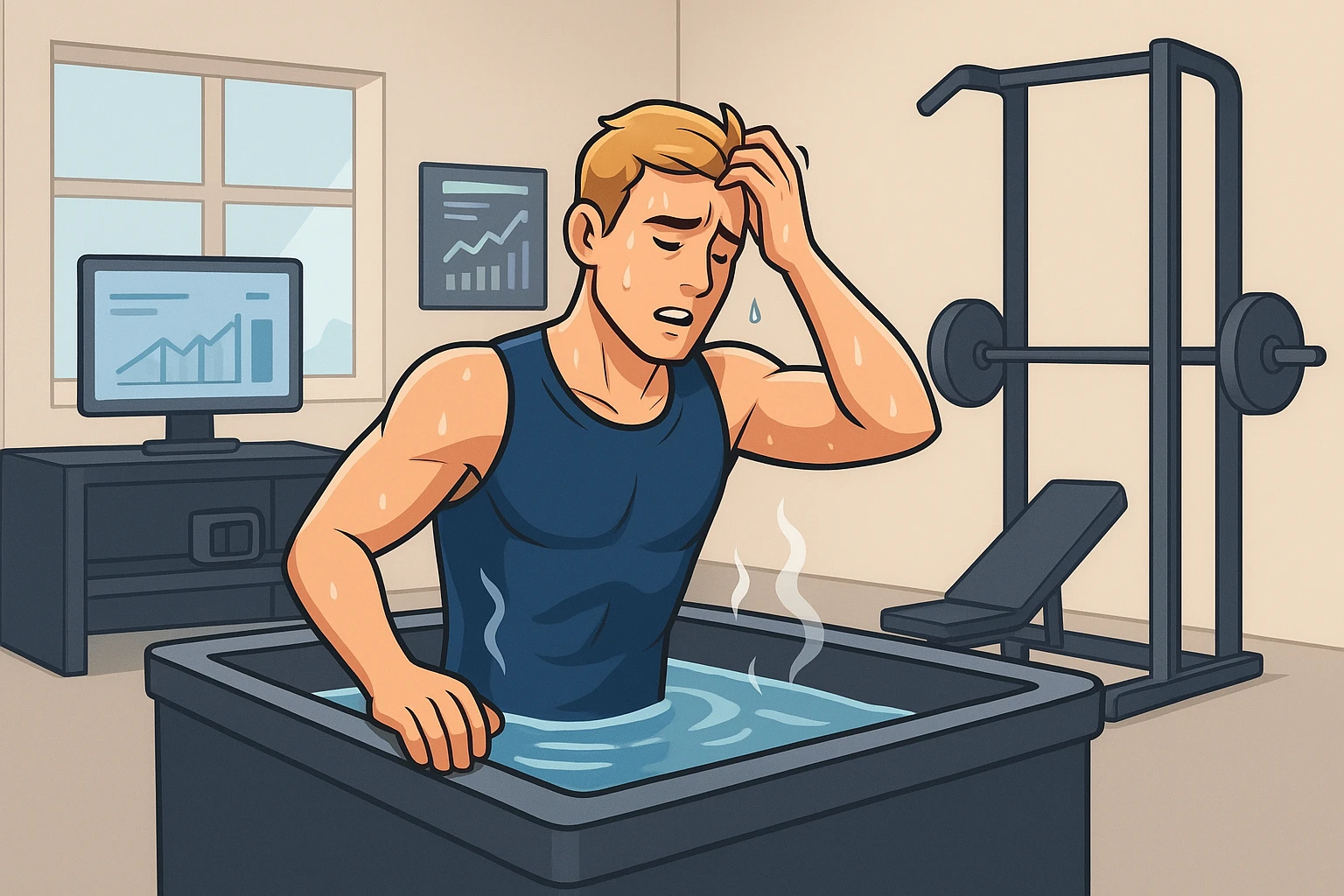 Athlete stepping from cold plunge beside home gym