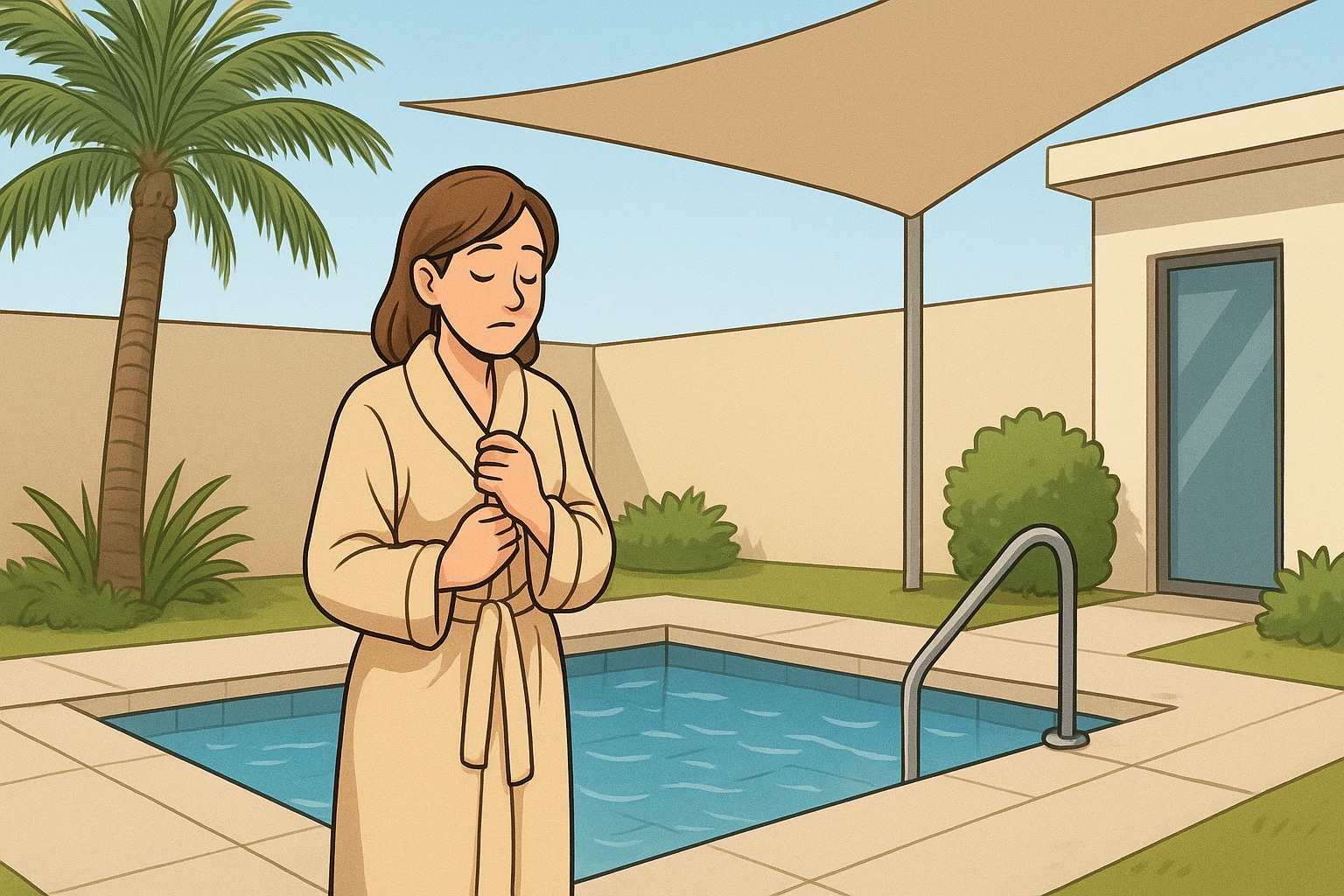 Guest in dry robe beside shaded plunge pool