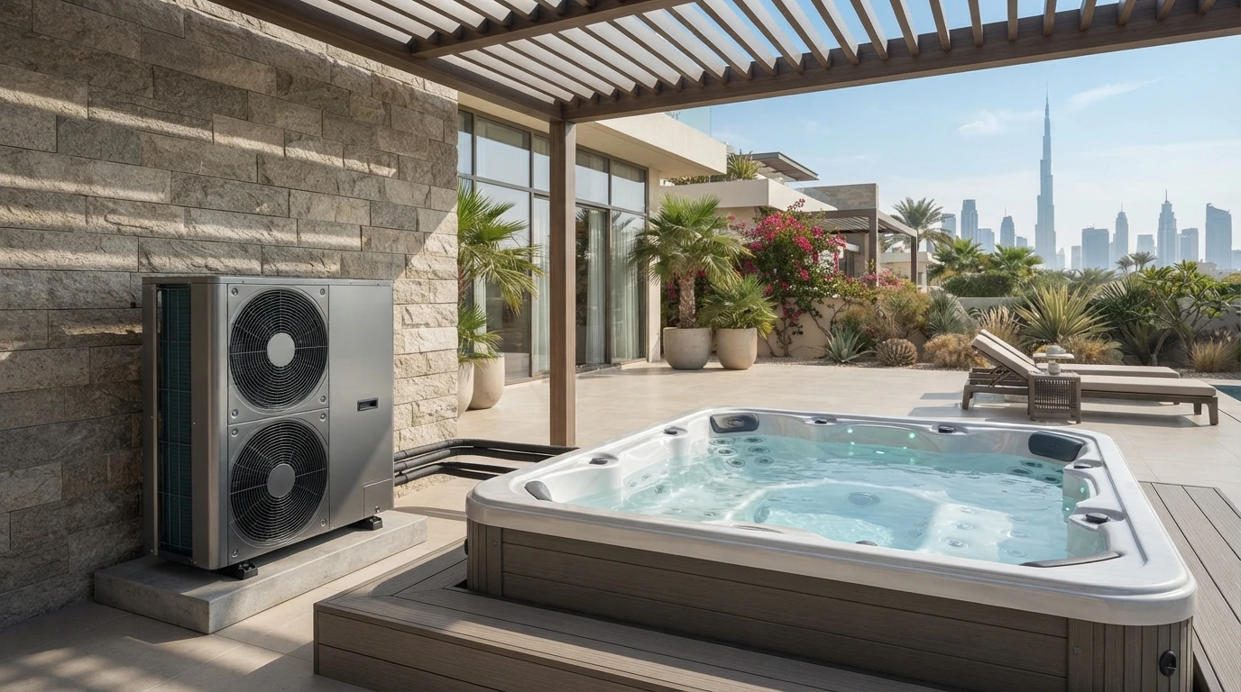 Heat pump beside luxury hot tub