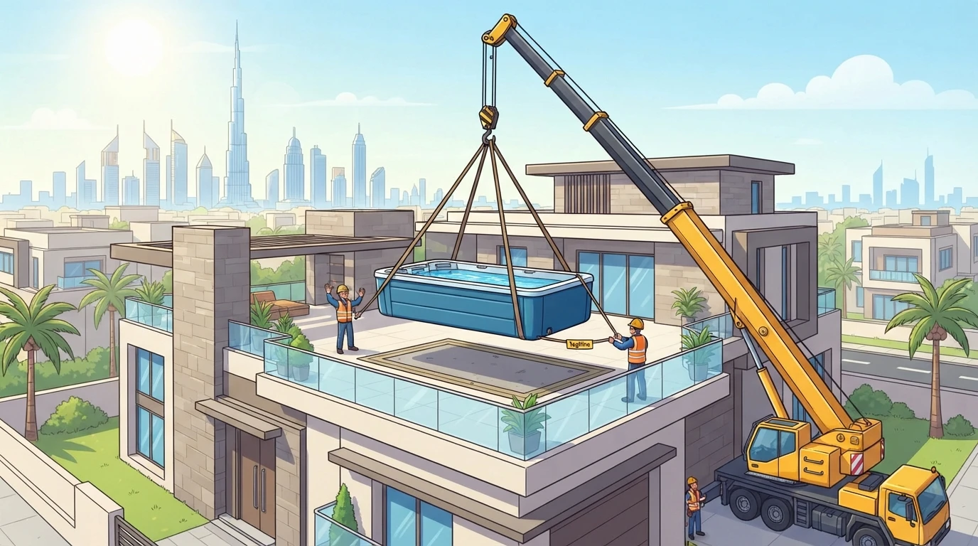 Swim spa craned onto rooftop terrace