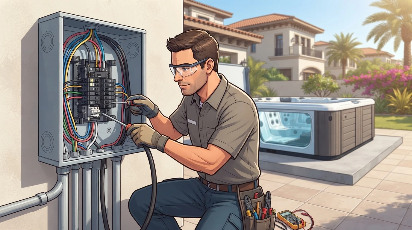 Electrician wiring a spa breaker panel outdoors