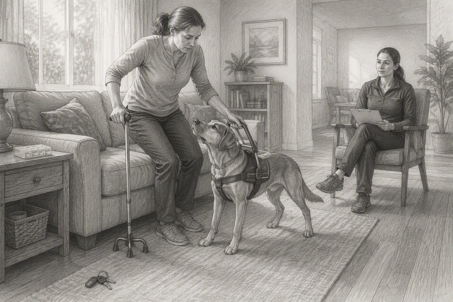 Person practicing mobility tasks with service dog