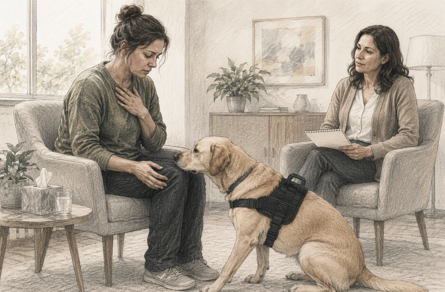Pencil sketch of service dog nudging seated handler