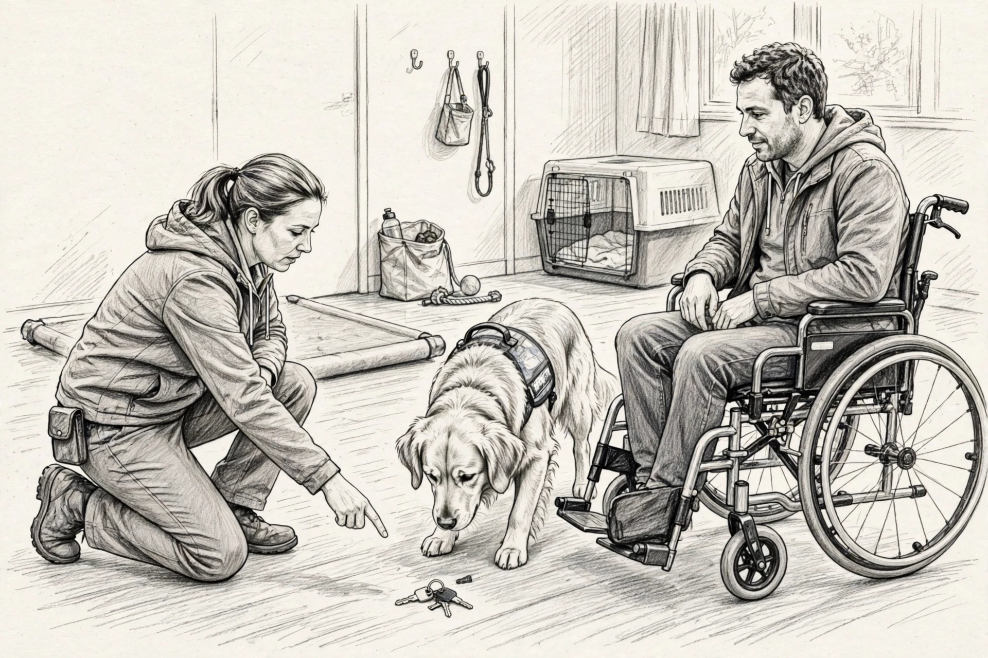 Trainer coaching golden retriever retrieving dropped keys