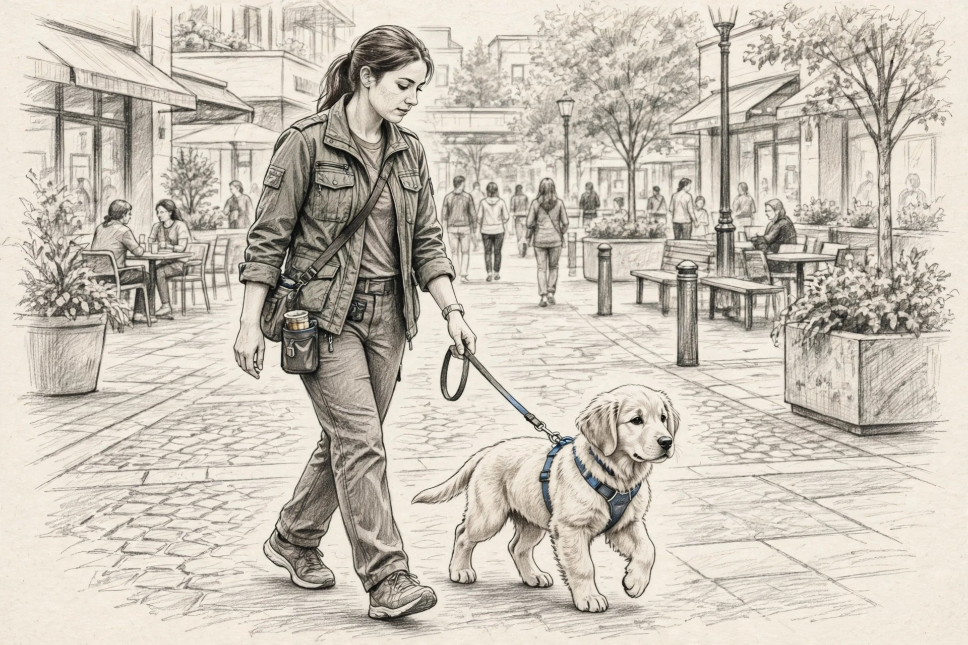 Golden retriever heeling through busy plaza