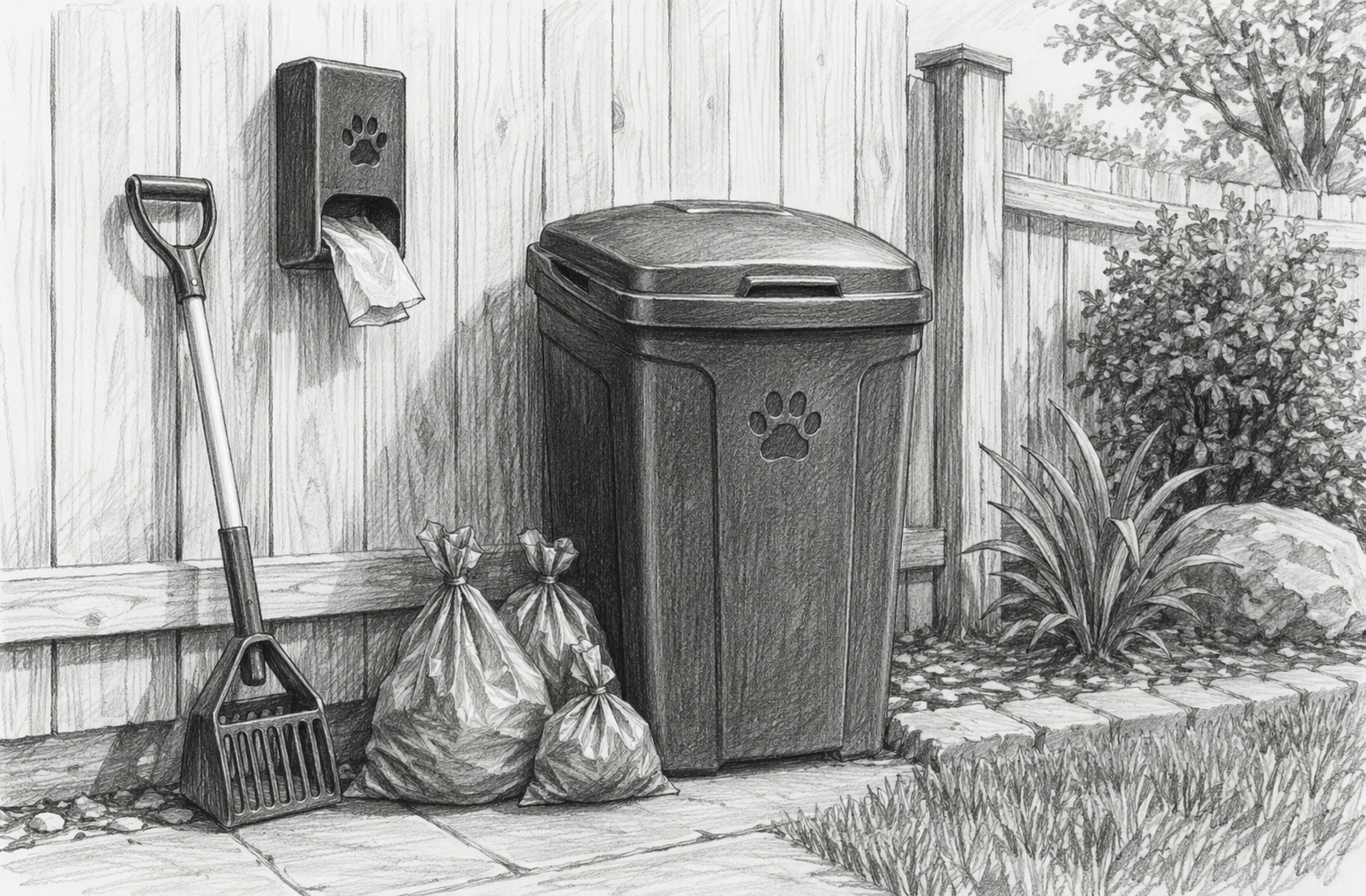 Outdoor dog waste bin with bag dispenser and scoop