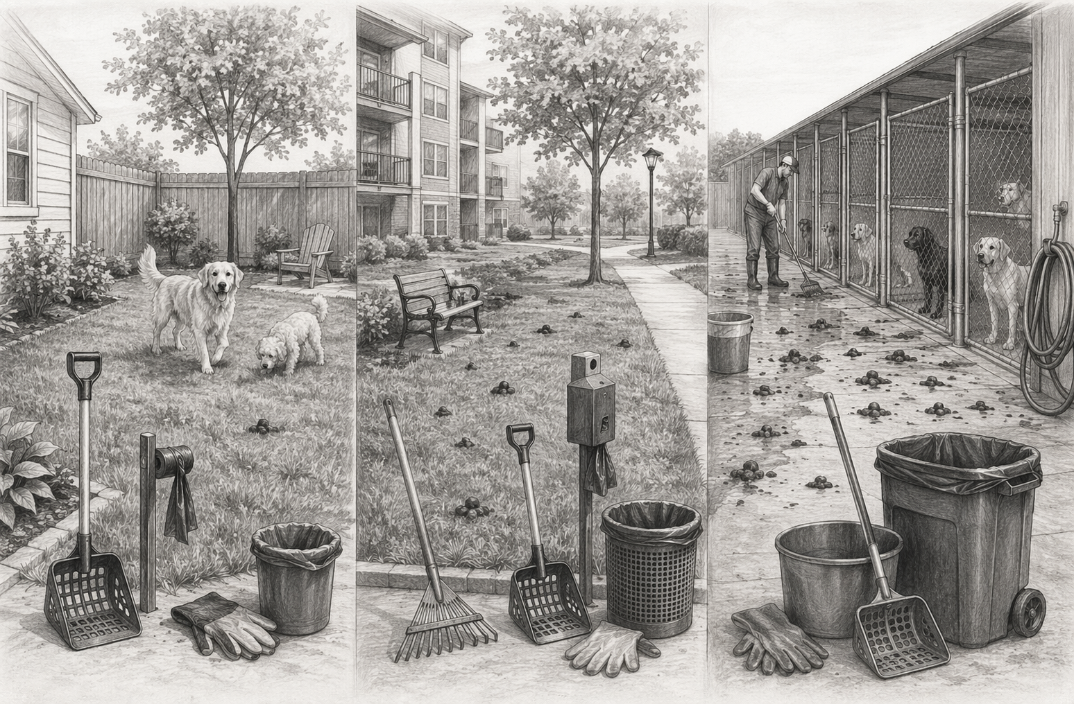 Comparison chart of yard, apartment, and kennel cleanup scenes