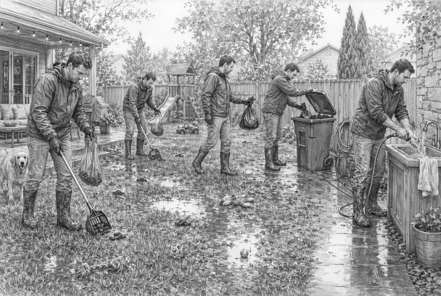 Backyard scene with dog waste cleanup tools and steps