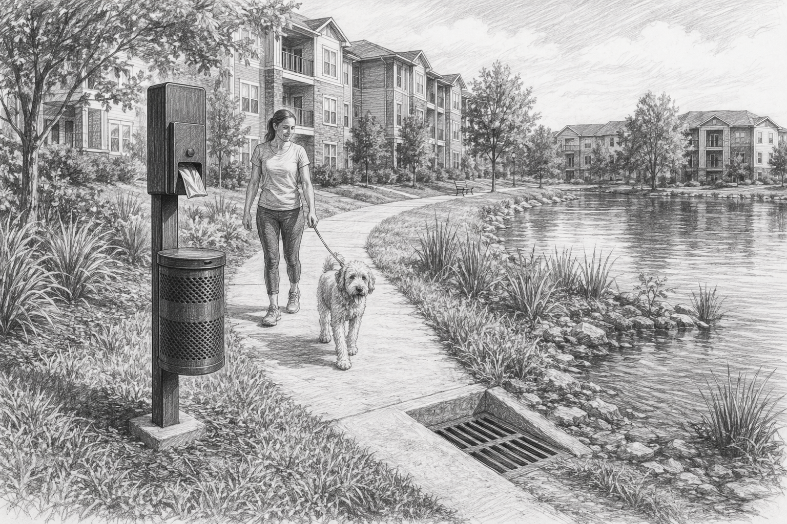 Pet waste station beside pond and storm drain