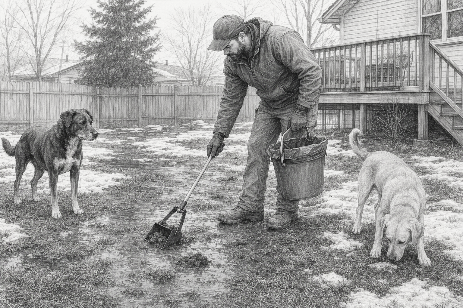 Dog waste technician cleaning fenced backyard with two dogs