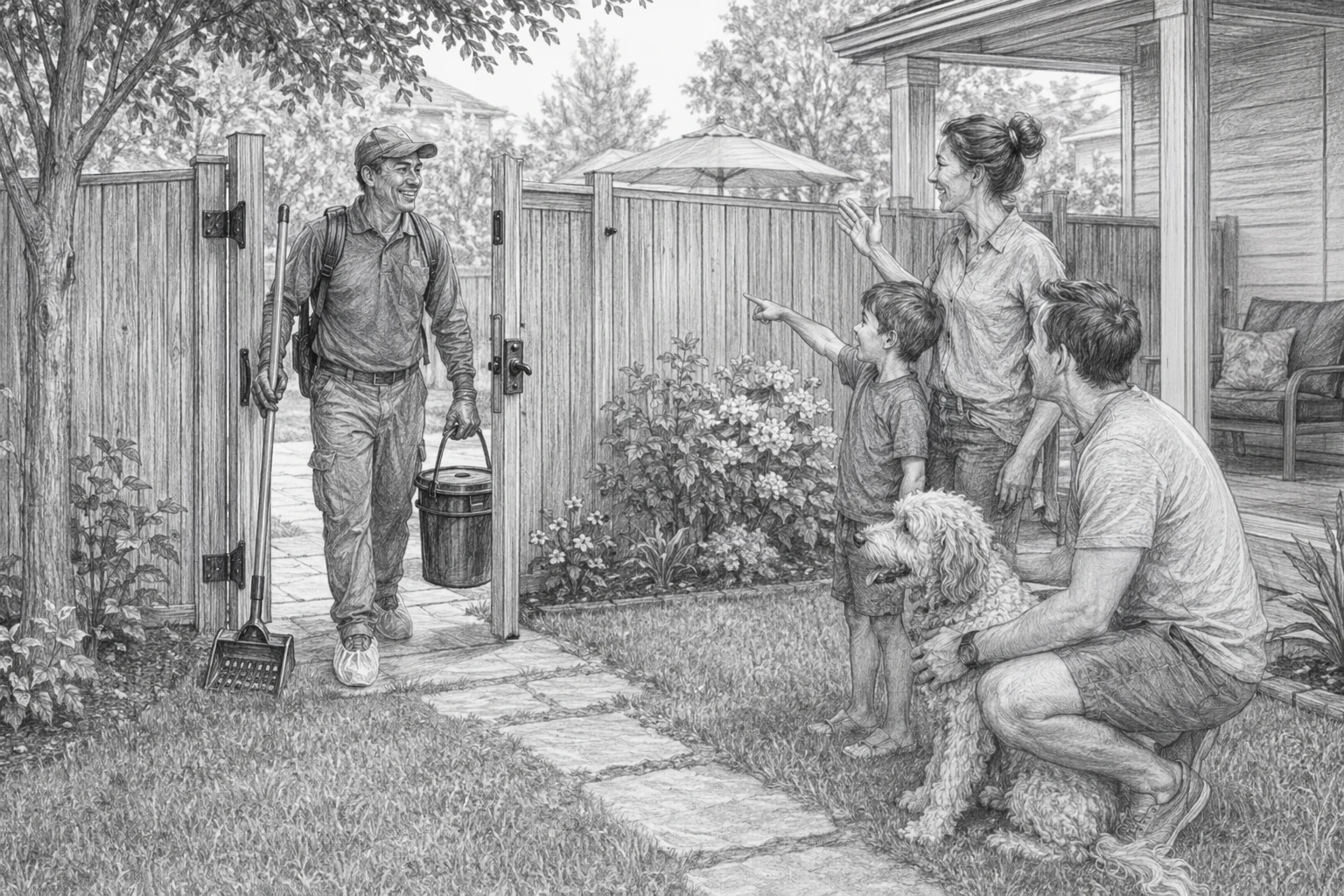 Family checks backyard gate as technician enters with scoop tools