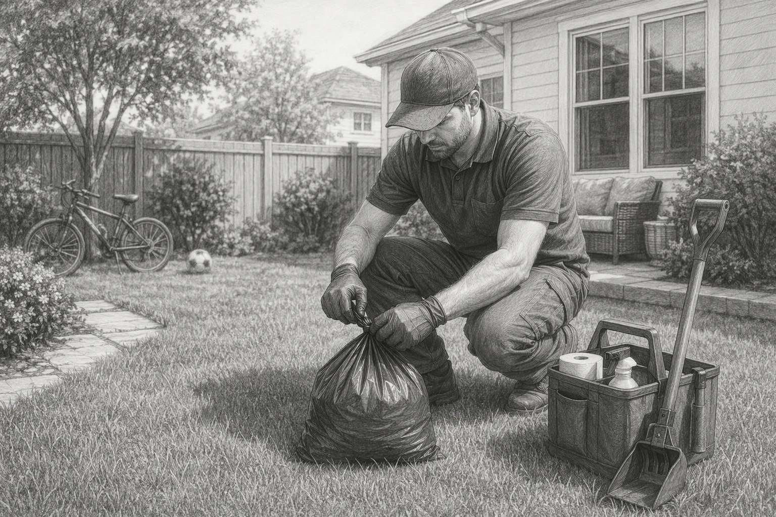 Dog waste technician sealing pickup bag beside clean lawn