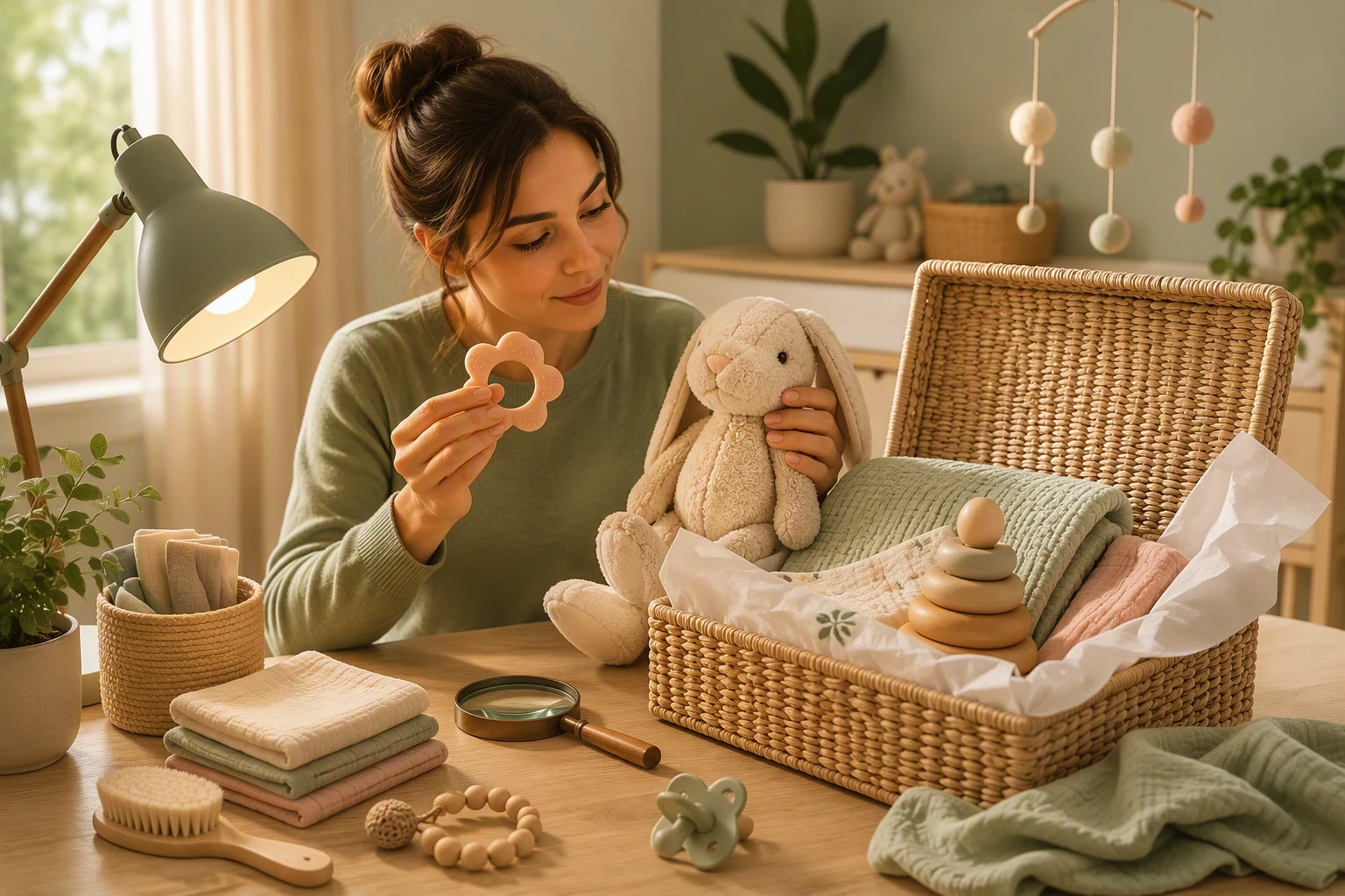 Parent inspecting teether and toy beside hamper